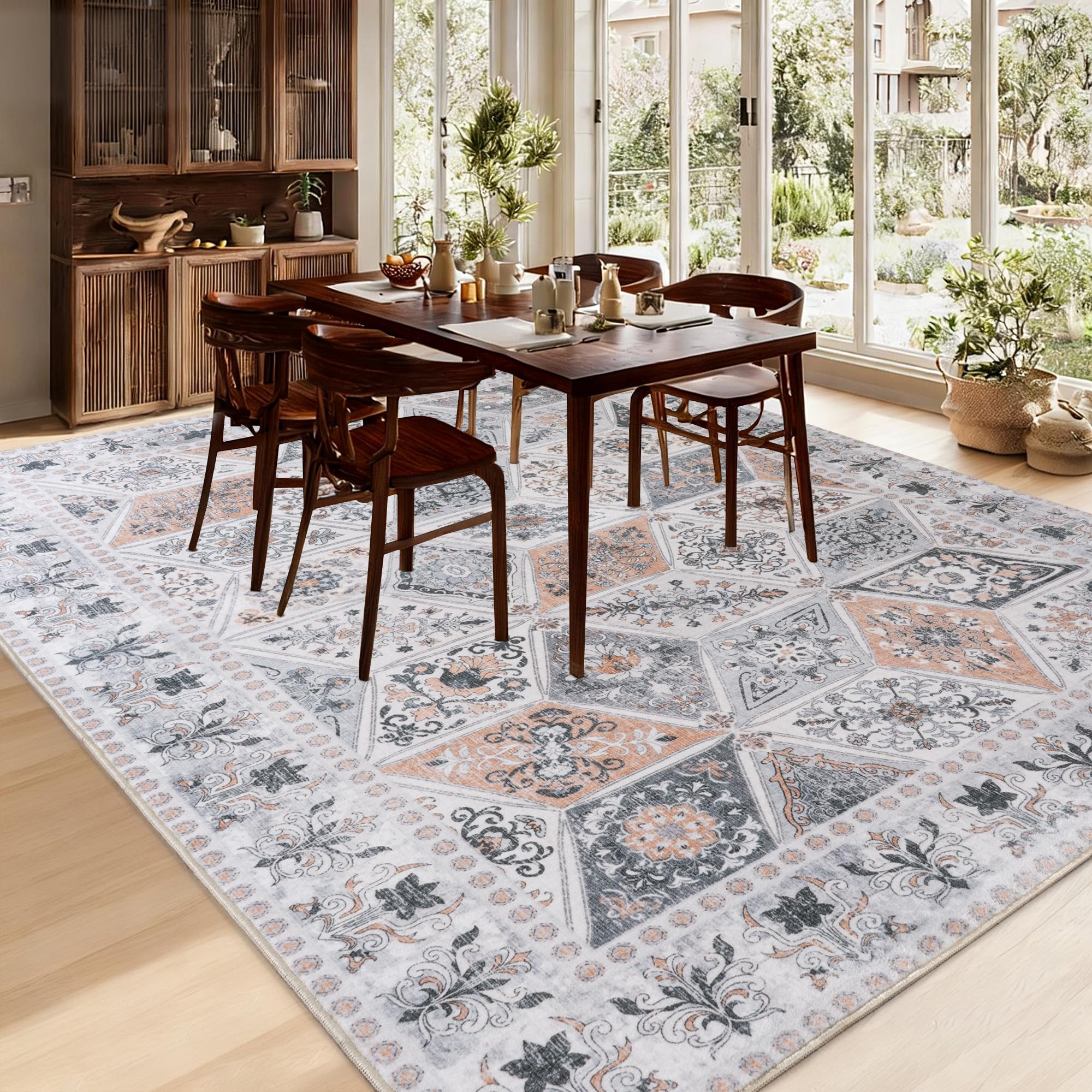 Beige Großer Vintage Kurzflor Teppich Wohnzimmer, 200x300 cm | Boho Waschbarer Teppich, Rutschfester Schlafzimmer Teppiche, Geometrisch Rauten Muster Carpet für Esszimmer Büro Küche
