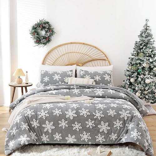 Miniatura 10 de JANZAA Juego de edredón de terciopelo gris oscuro con copos de nieve blanco estereoscópico de 3 piezas, tamaño King, suave y esponjoso