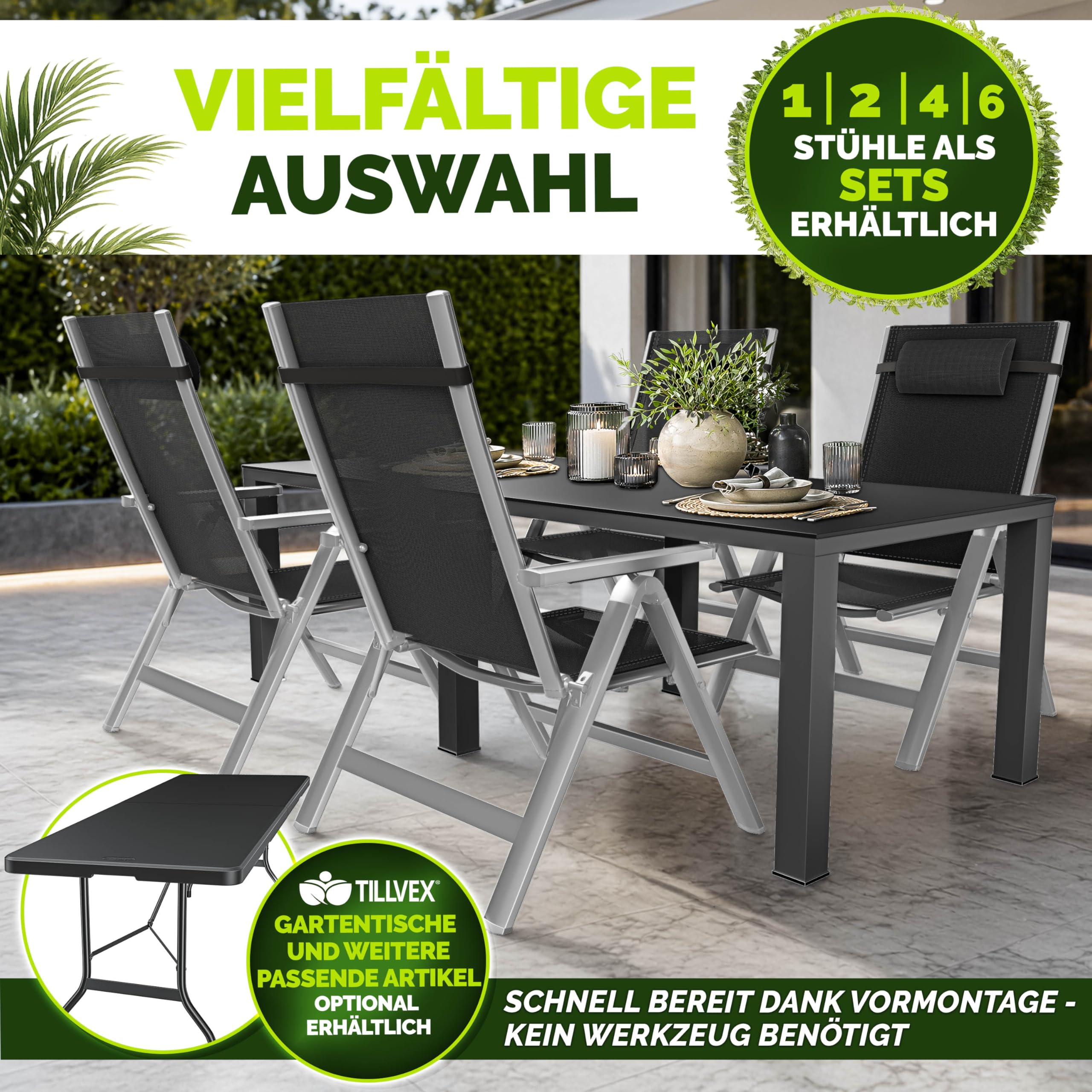 tillvex® Gartenstuhl Hochlehner 6er Set mit Kopfkissen | Klappstuhl mit Armlehnen 7-Fach Verstellbar | Campingstuhl Klappbar Wetterfest | Gartenstühle Aluminium