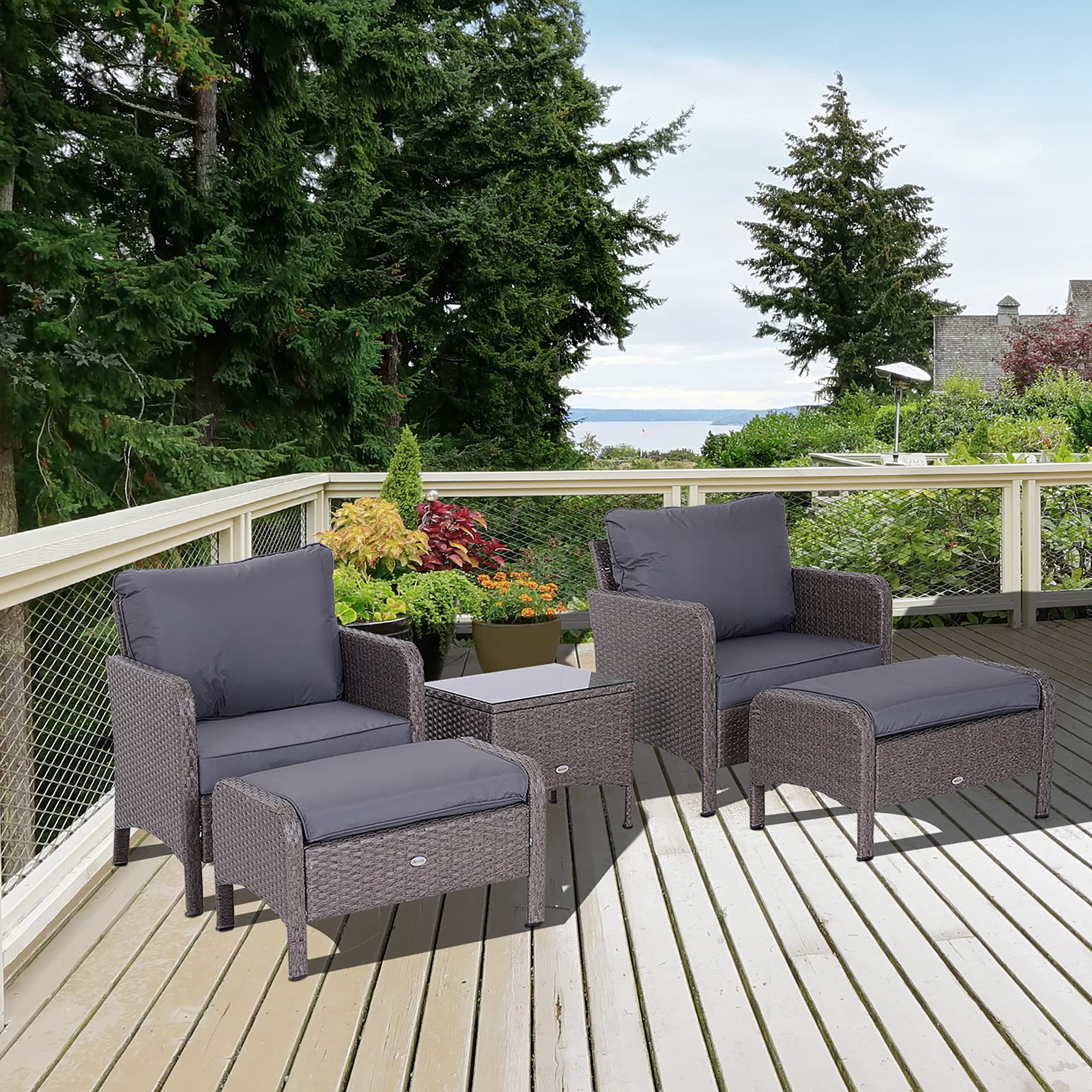 Outsunny Set Mobili da Giardino 2 Poltrone 2 Poggiapiedi 1 Tavolino in Vetro Temperato Rattan Grigio