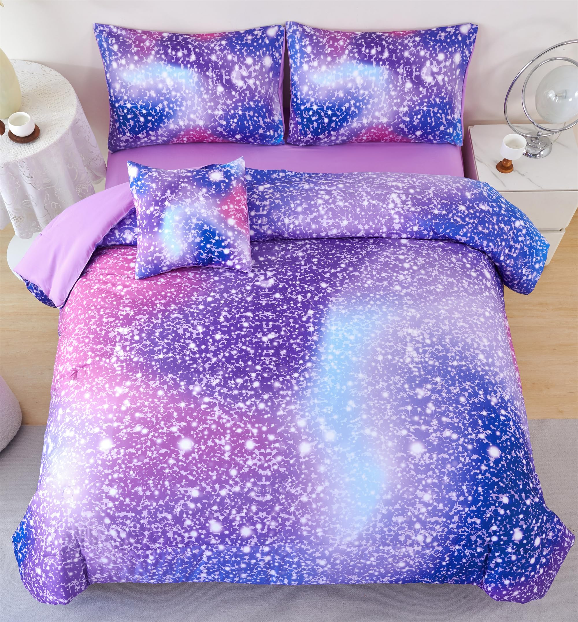 RYNGHIPY 6Pcs Girls Bedding Set Full Size Purple Rainbow Comforter Set for Kids Teens Girls Glitter Bed in a Bag Lightweight Fluffy