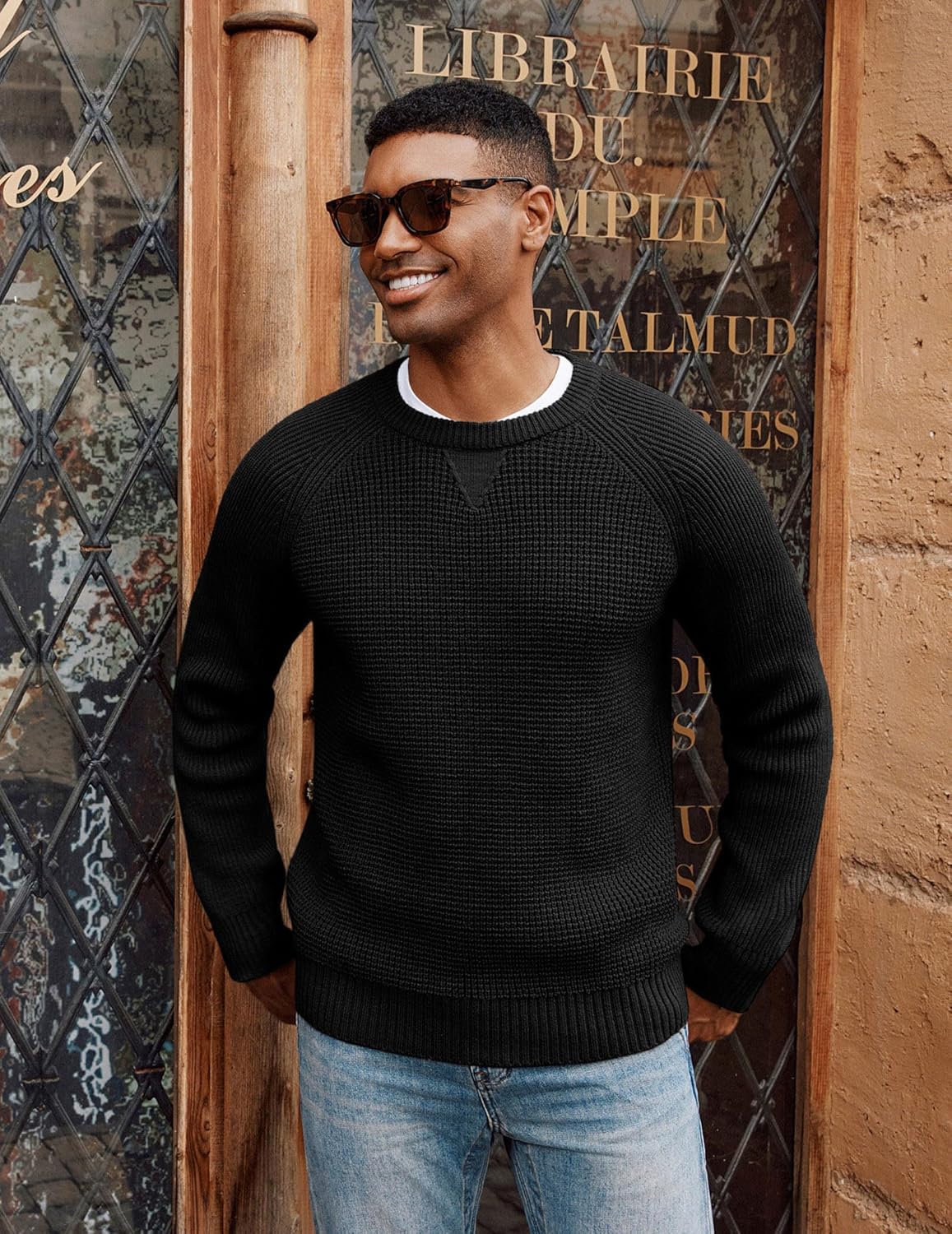 PJ PAUL JONES Mens Crewneck Sweater Waffle Knitted Pullover Sweaters Raglan Sleeve Knitwear Sweaters - Image 3