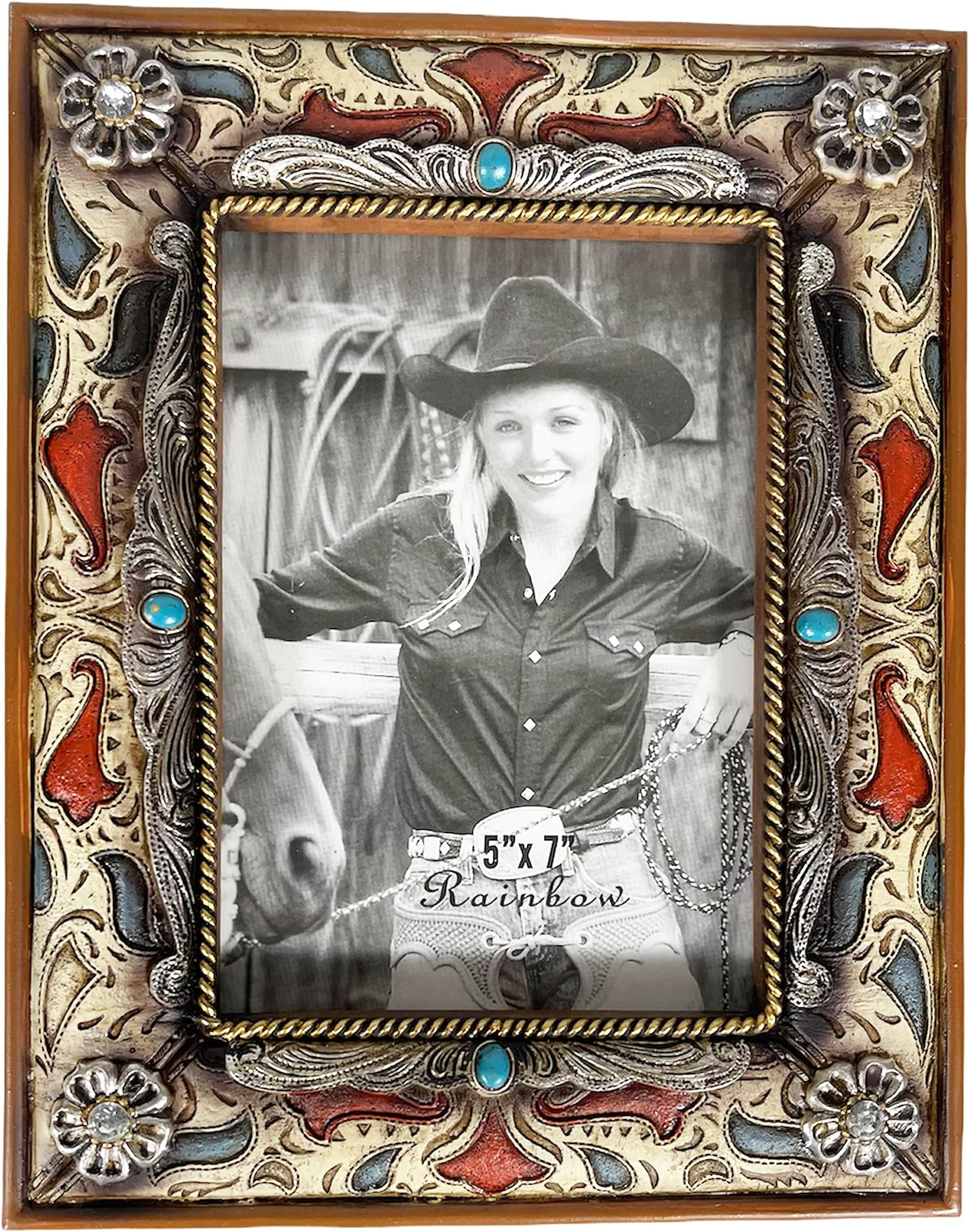 Urbalabs Cowboy Fancy Red and Gem Western Decor Picture Frame 5 x 7 Country Gifts Farmhouse Picture Frames Photo Frame Wall Hanging or Standing 5x7 Elaborate Picture Frame
