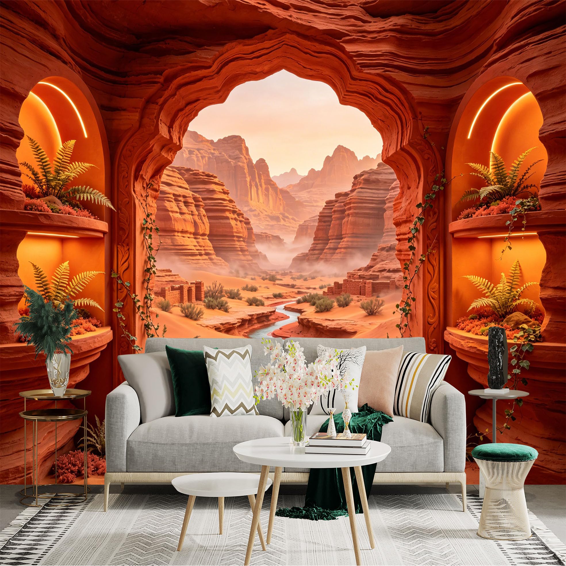Custom Size Wall Sticker Mural， Desert Canyon with River， Sandstone Arches and Fern Plants， for wall Decoration， peelandstick wall Decals.