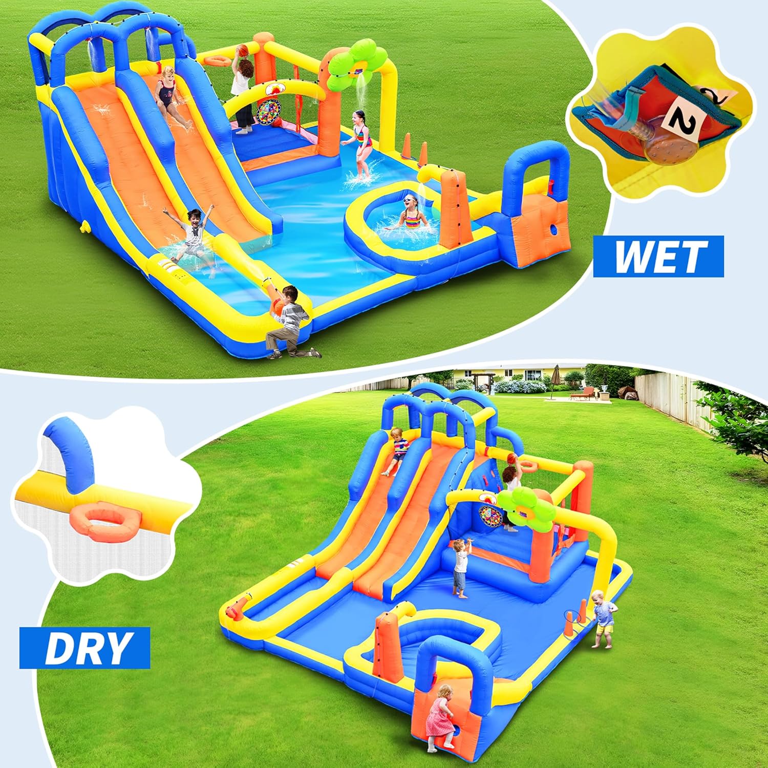 WELLFUNTIME Inflatable Water Slide & Water Park with Blower, Bounce House Jumping Castle Bouncy Castle, Triple Slide Park, 3 Slides, Dartboard, Ring Toss Game & Climbing Wall