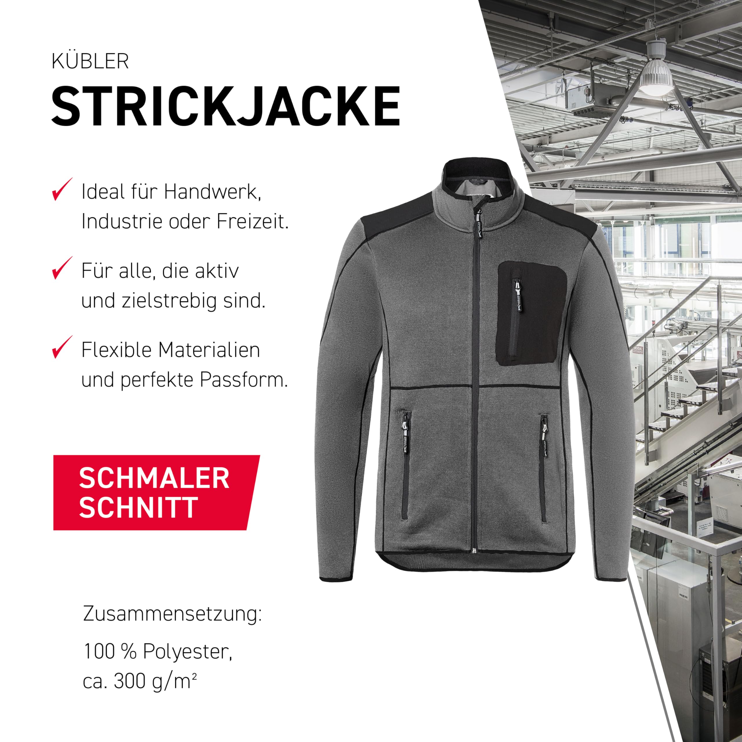 KÜBLER ICONIQ Strickjacke 1443 – Arbeitsjacke im Stricklook mit Kontrasteinsätzen und Front-Reißverschluss