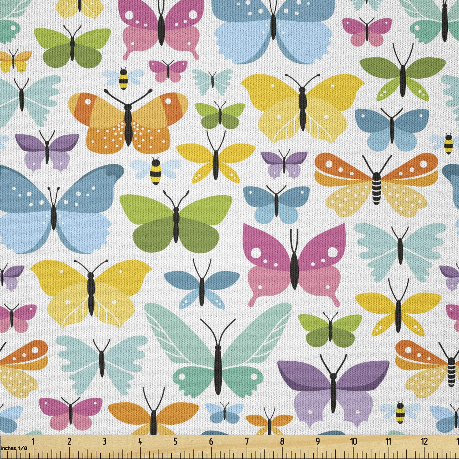 Lunarable Butterfly Fabric by The Yard, Colorful Bugs with Wings Pattern Spring Season Animals Dotted Cartoon Design, Microfiber Fabric for Arts and Crafts Textiles &amp; Decor, 1 Yard, Purple Blue