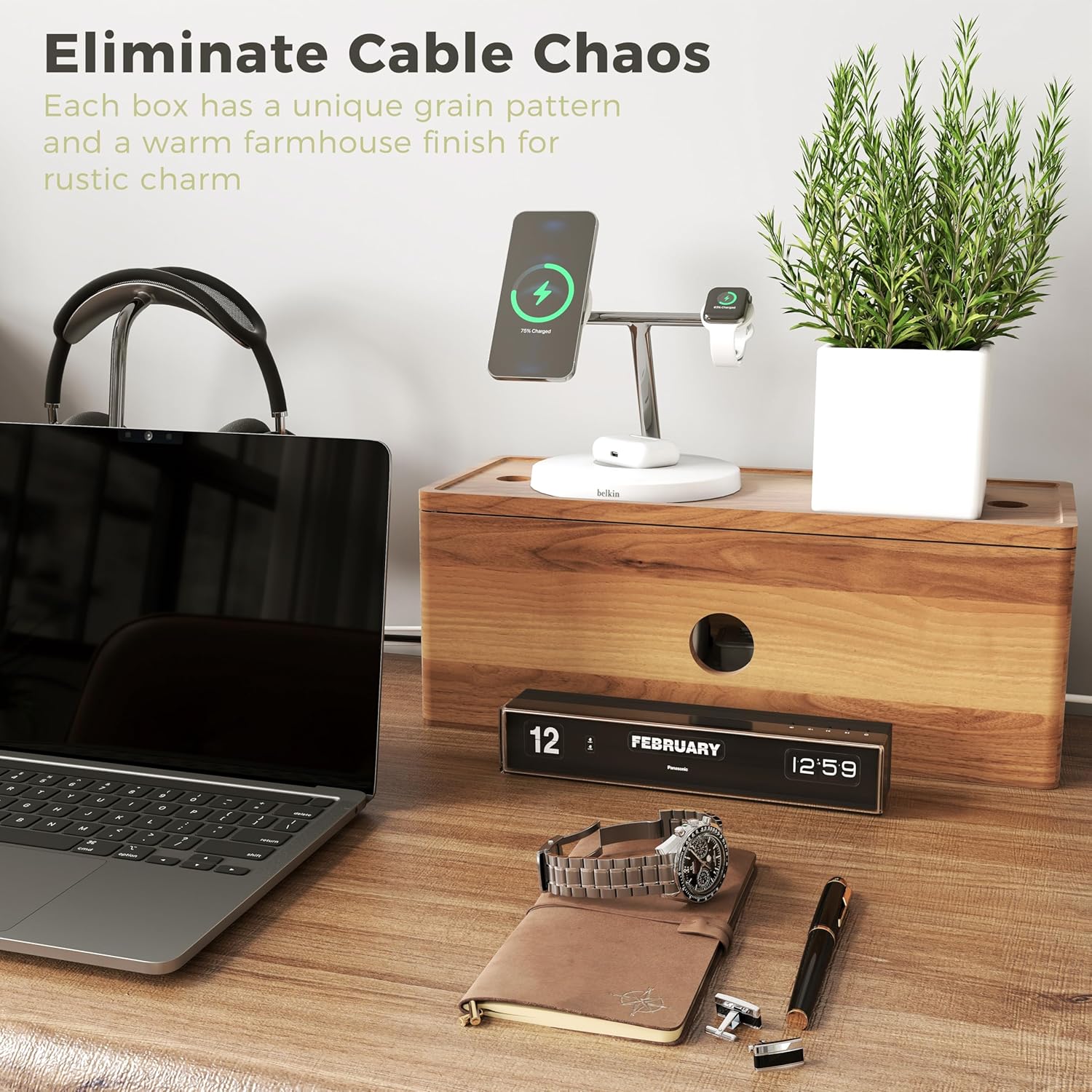 Acacia Wood Cord Organizer, Large Cable Management Solution, for Power Strips and Floor-Level Devices — Conceals TV Wires, Computer Cables, Router, USB Hub