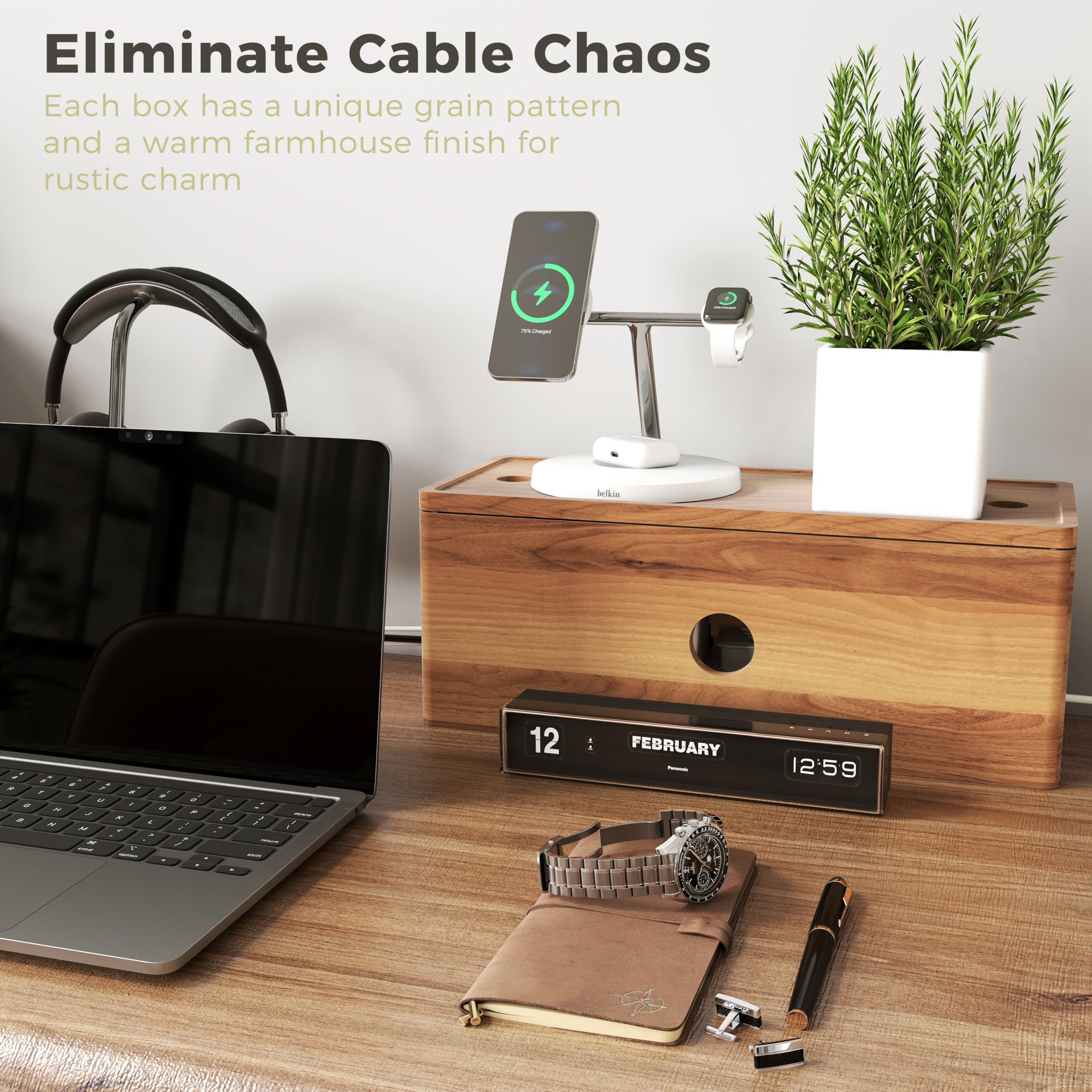 Caja organizadora de cables grande, caja organizadora de cables de madera de acacia con tapa magnética extraíble, organizador de escritorio de 4 ranuras abiertas, oculta cables de TV, cables