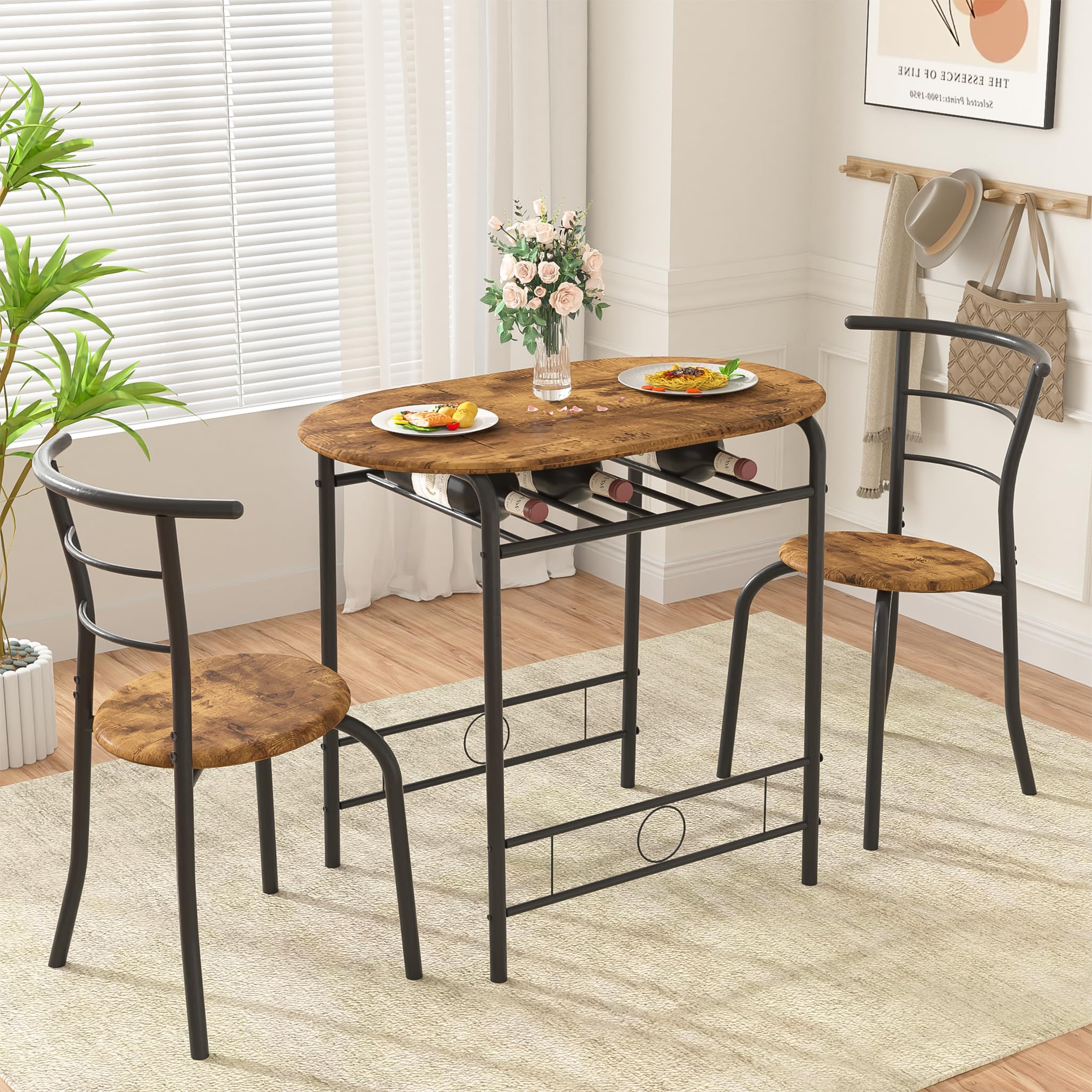 vecelo 3-piece dining table set for kitchen breakfast nook, wood grain oval tabletop and metal frame with built-in wine rack, for small spaces, 31.5", antique & black