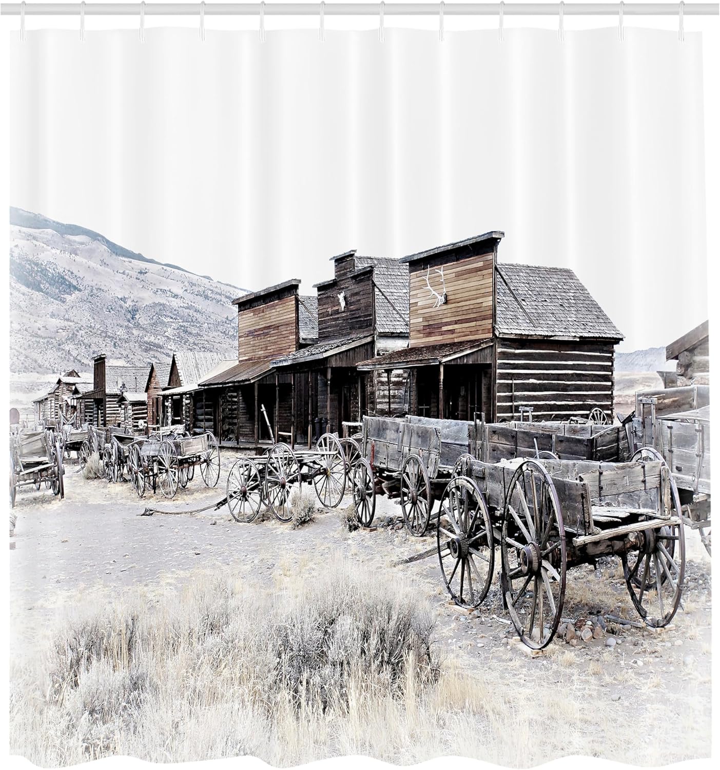 Ambesonne Western Shower Curtain, Old Wooden Wagons from 20's in Ghost Town Antique Wyoming Wheels Art Print, Cloth Fabric Bathroom Decor Set with Hooks, 69" W x 75" L, Brown White