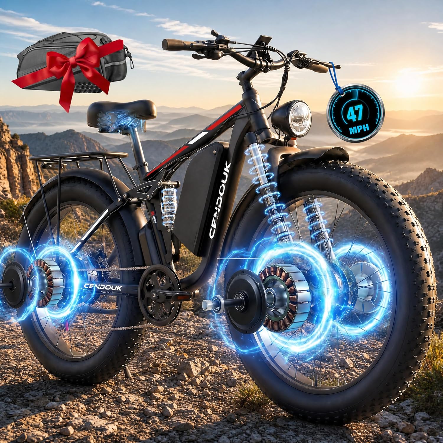 Peak 9000W Dual Motor Ebike for Adults,58V Max Output 36AH Battery Electric Bike with Full Suspension Up to 47 MPH 105 Miles Hydraulic Brakes 24 Inch Fat Tire E Bike for Mountain Commute