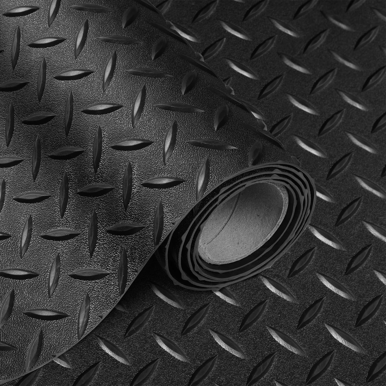 Boshen 5x17FT Garage Floor Mat, 2.5mm Thickened Diamond Plate PVC Rubber & Vinyl Flooring Roll, 85 SQFT Non-Slip Rubber Garage Mat for Floor Under Car Protection - Black