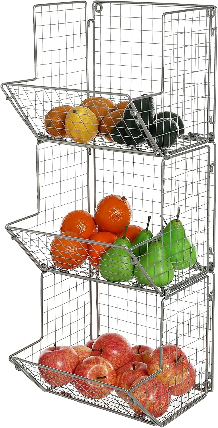 MyGift 3-Tier Gray Metal Wire Wall Mounted Kitchen Produce Fruits Bin Rack, Bathroom Towel Storage Baskets