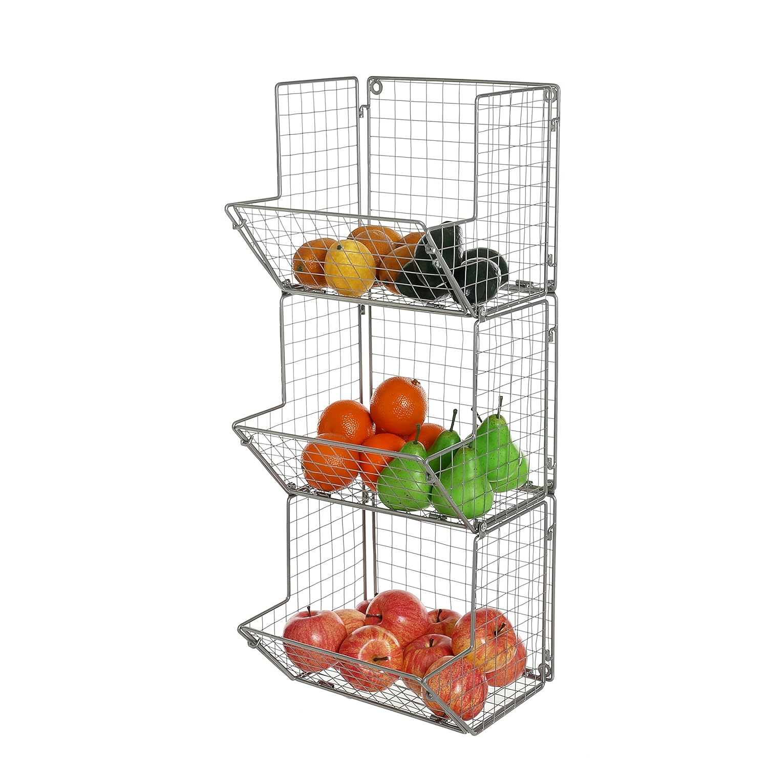 3Tier Gray Metal Wire Wall Mounted Kitchen Produce Fruits Bin Rack