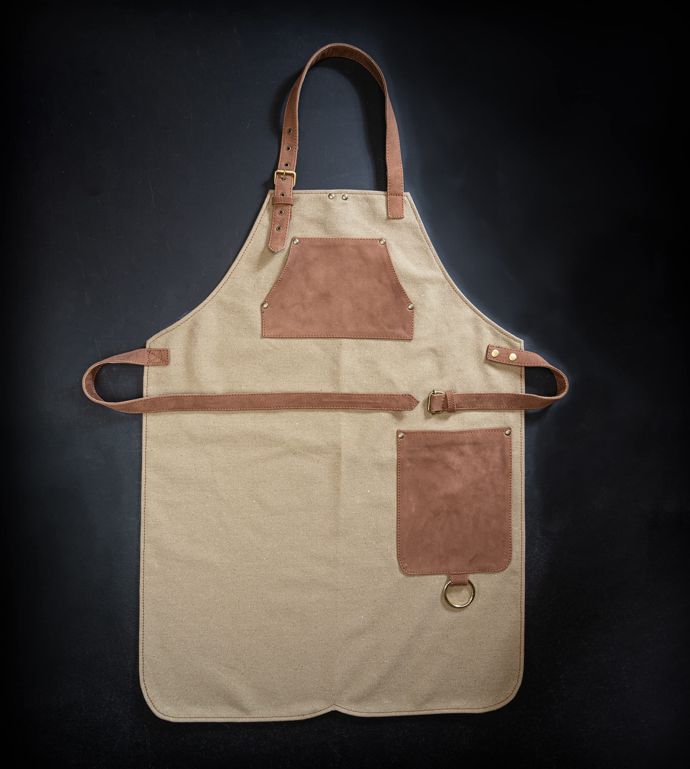 Hayden Tablier de cuisine, en toile de qualité supérieure et cuir véritable, réglable, avec sangle en cuir, pour cuisine, barbecue et barista, Toile beige, taille unique