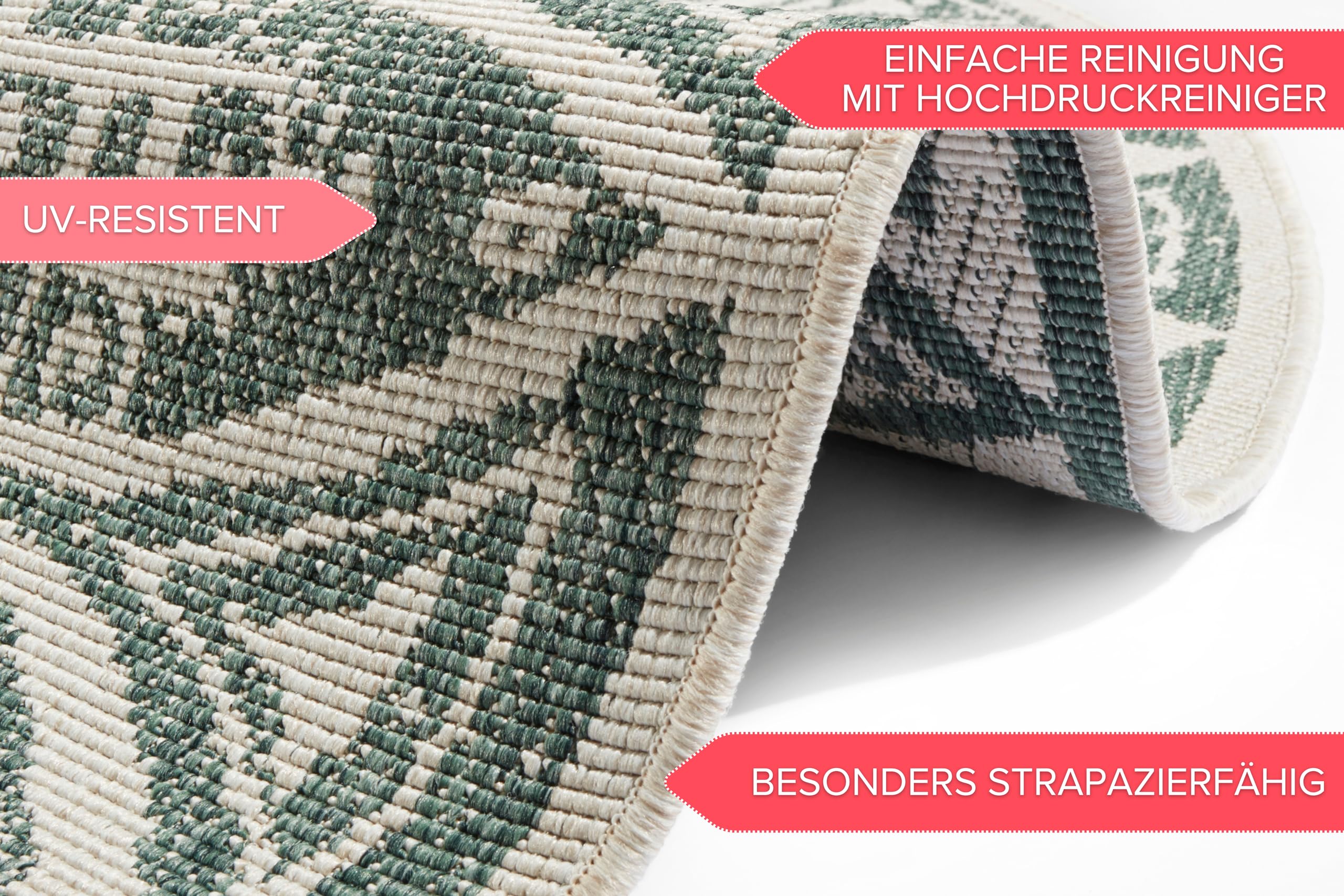 Freundin Home Collection Nora In- & Outdoor Teppich Rund – Wendeteppich Wetterfest Modernes Design Runder Teppich für Balkon Terrasse Wintergarten Badteppich Wohnzimmerteppich, Grün Creme, 200cm