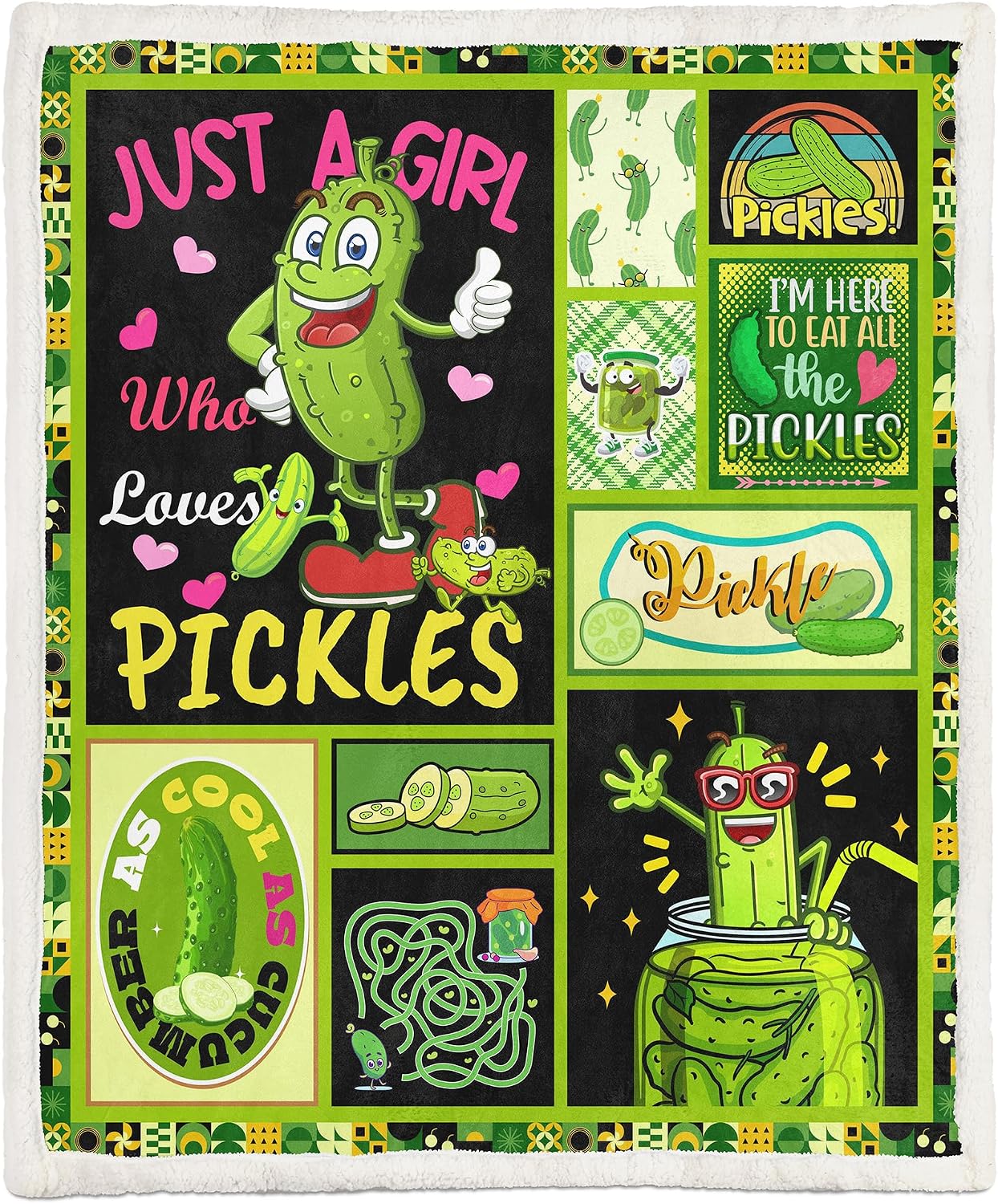 Pickle Throw Blanket for Teen Girls and Women, Funny Just A Girl Who Loves Pickles Fuzzy Sherpa Fleece Plush Blanket for Couch Bed and Sofa, Novelty Food Themed Gag Gift, 50"x60"