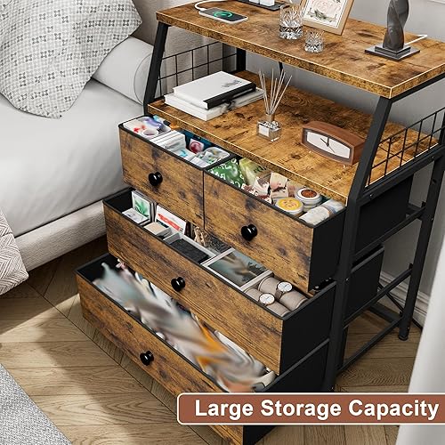 Miniatura 5 de EnHomee Juego de 2 mesitas de noche, mesita de noche con estación de carga y luces LED, mesita de noche con 4 cajones de tela para dormitorio, mesa