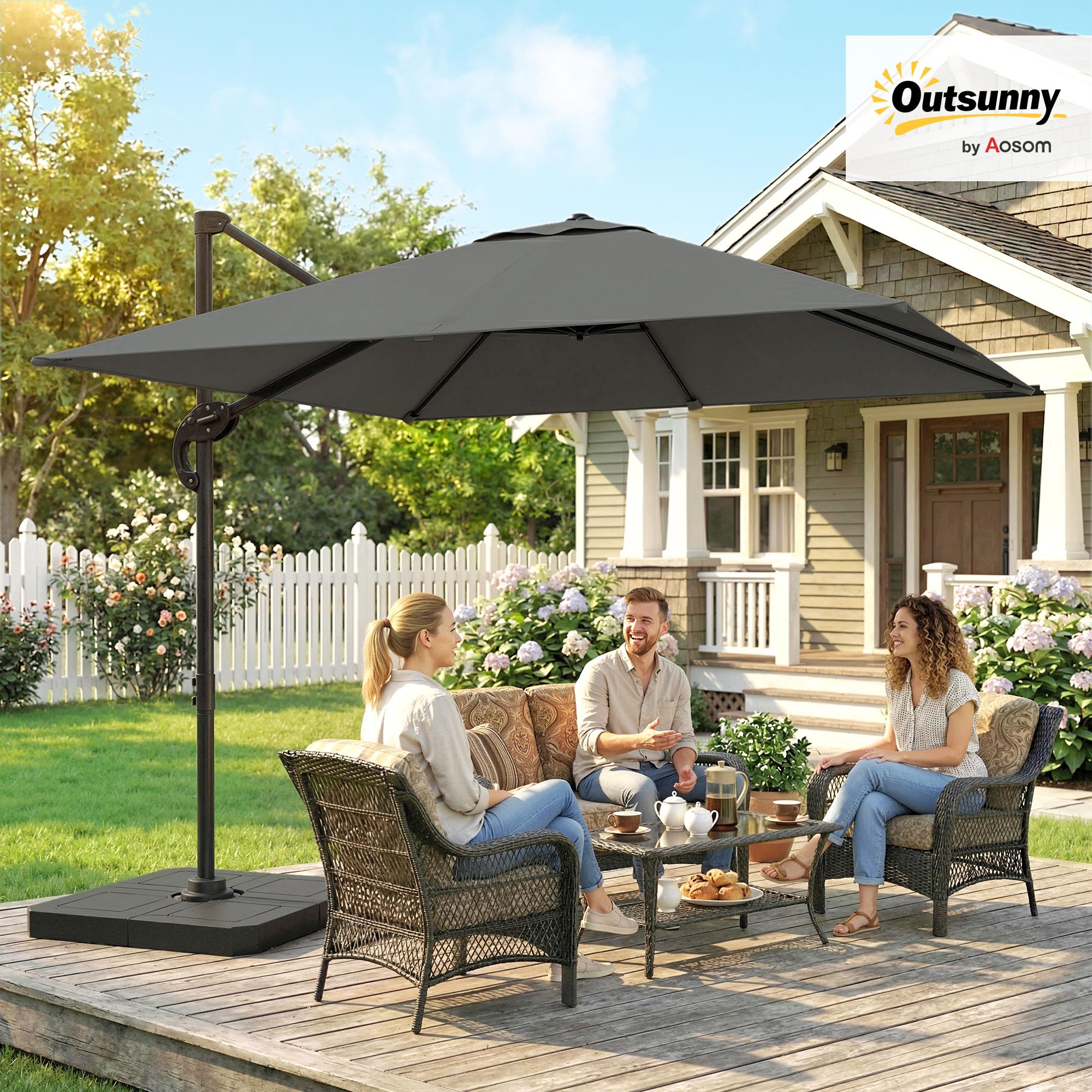 Outsunny Parasol z stojakiem Ø244cm z obciążnikami korbą ciemnoszary