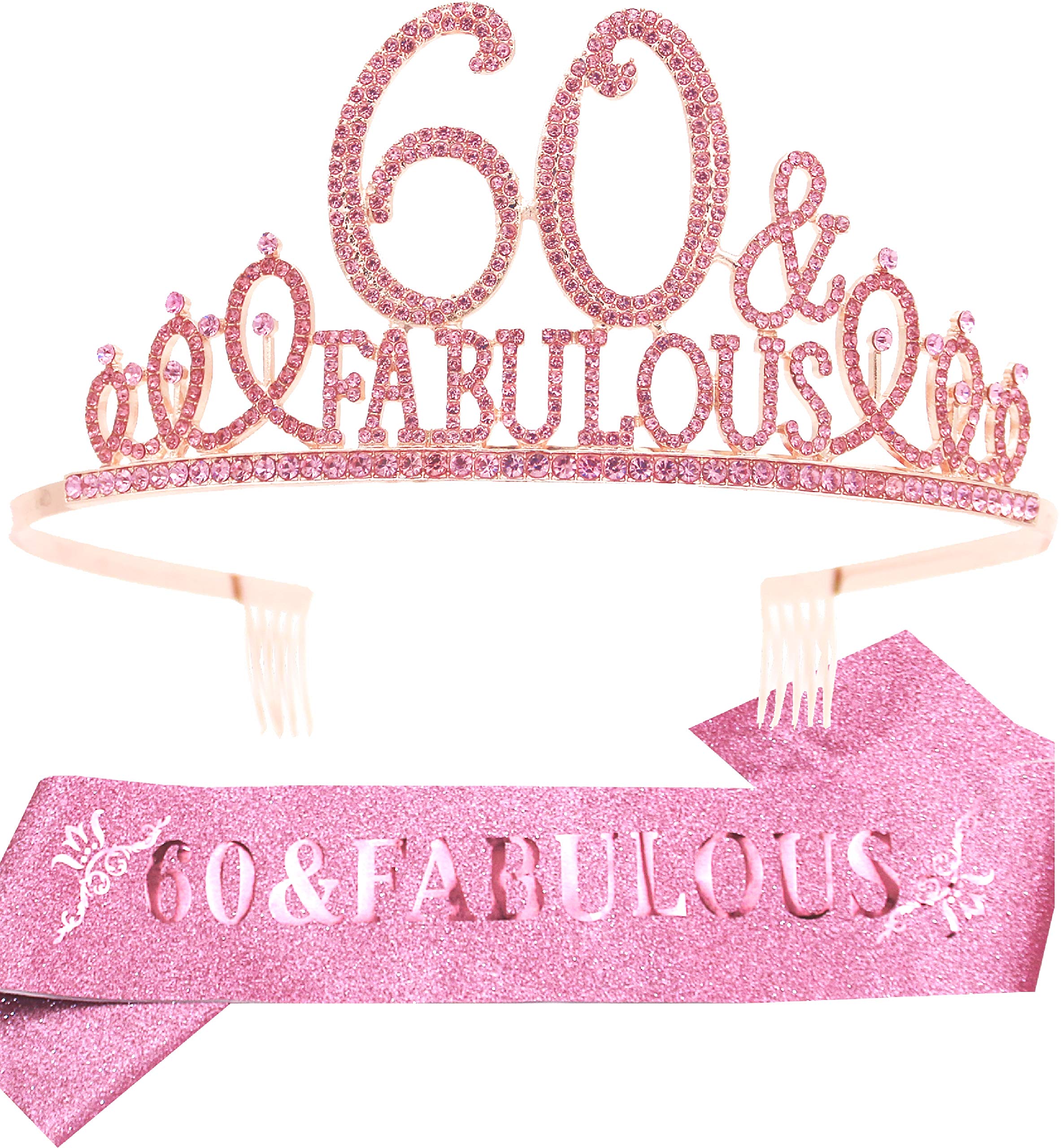 EBE EmmasbyEmma60th Birthday Sash and Tiara for Women - Fabulous Glitter Sash + Fabulous Rhinestone Pink Premium Metal Tiara for Her, 60th Birthday Gifts for 60 Party
