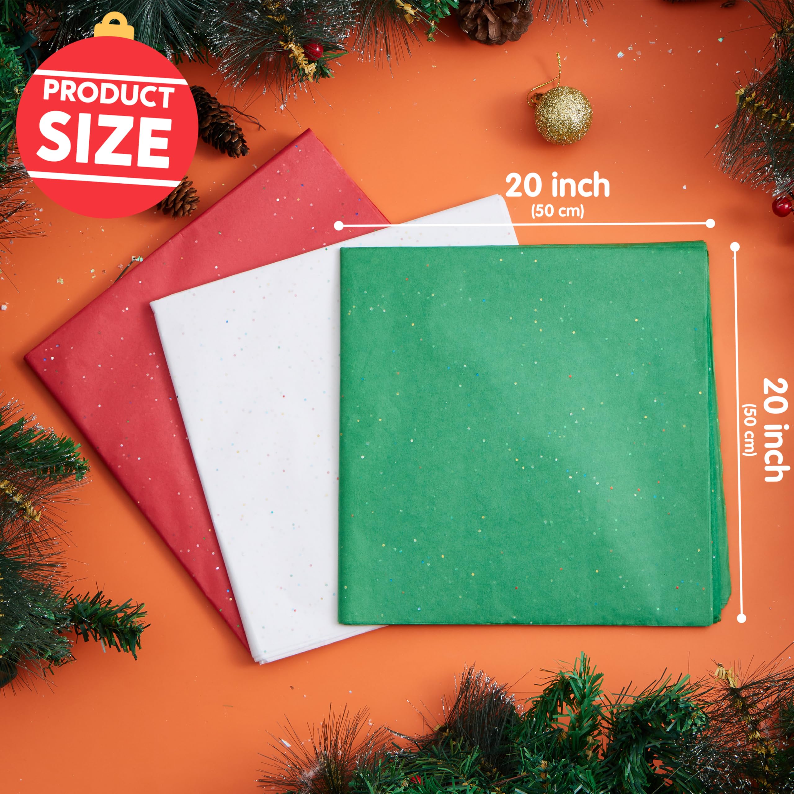 JOYIN 72 fogli di carta velina glitterata per sacchetti regalo, carta velina rossa verde bianca per confezioni regalo, 50,8 x 50,8 cm, carta da regalo natalizia per confezioni regalo fai da te