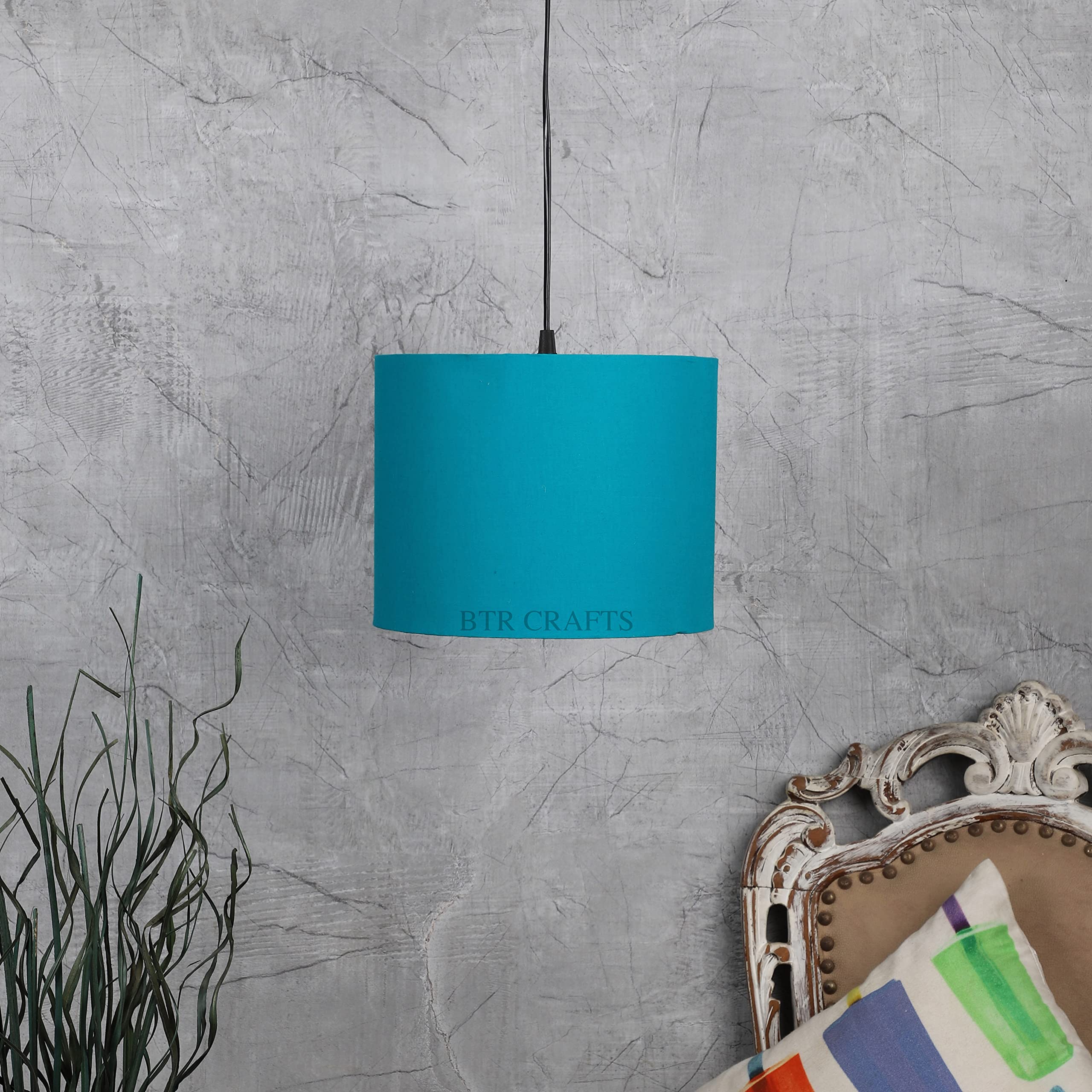 Teal Color, Hanging Drum Lamp Shade, Decorative Light Lamp for Living Room, Home, Bedroom, Home Décor Lightning/Black Canopy (14" Inches)-picture-29