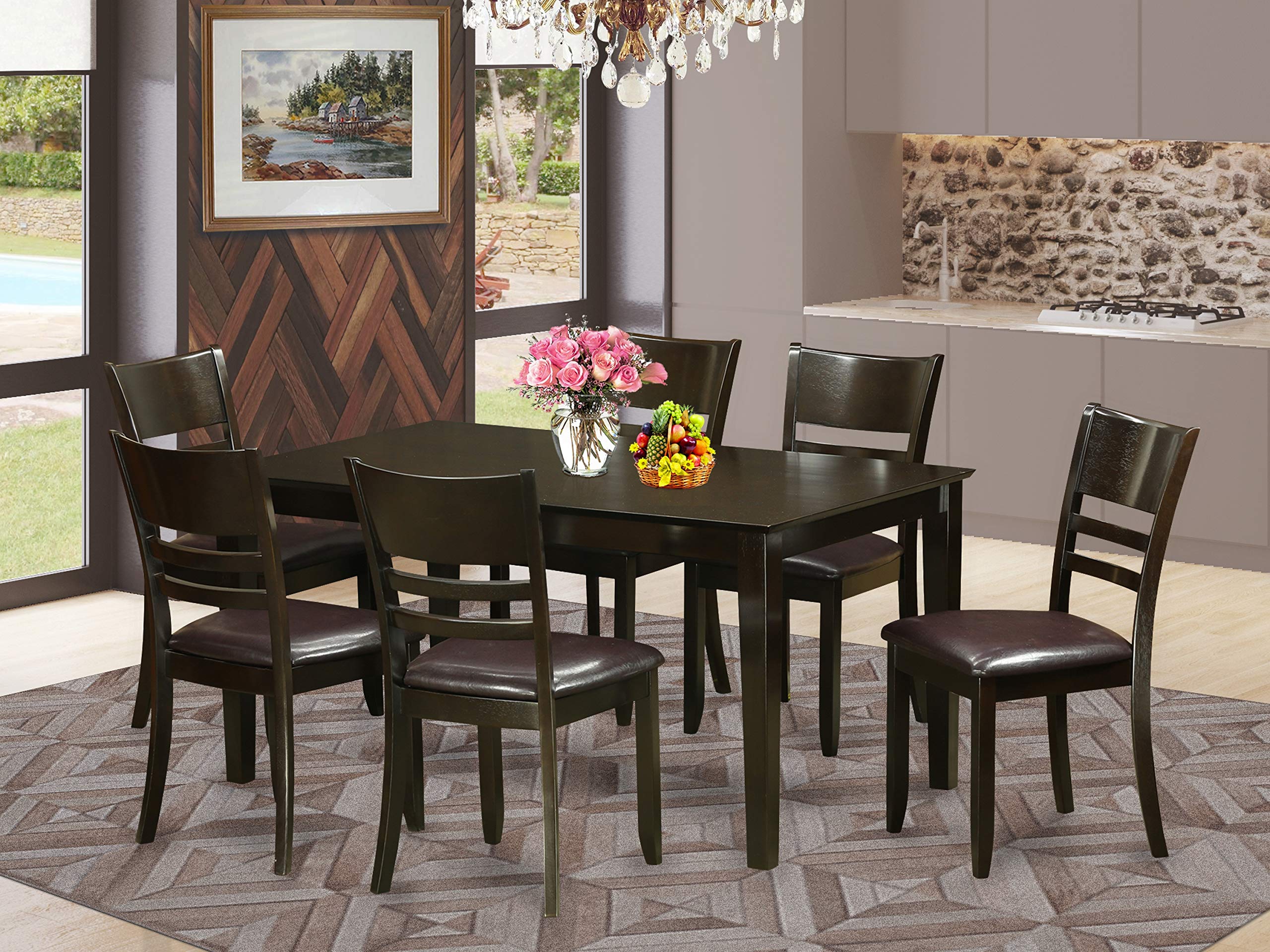 East West FurnitureCALY7-CAP-LC Capri 7 Piece Room Furniture Set Consist of a Rectangle Dining Table and 6 Faux Leather Upholstered Chairs, 36x60 Inch, Cappuccino