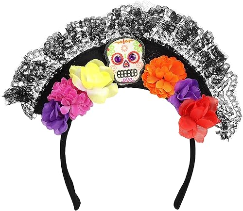 Needzo Day of The Dead Costume Headband For Women, Dia De Los Muertos, With Sugar Skull and Flowers, Halloween, One Size Fits Most