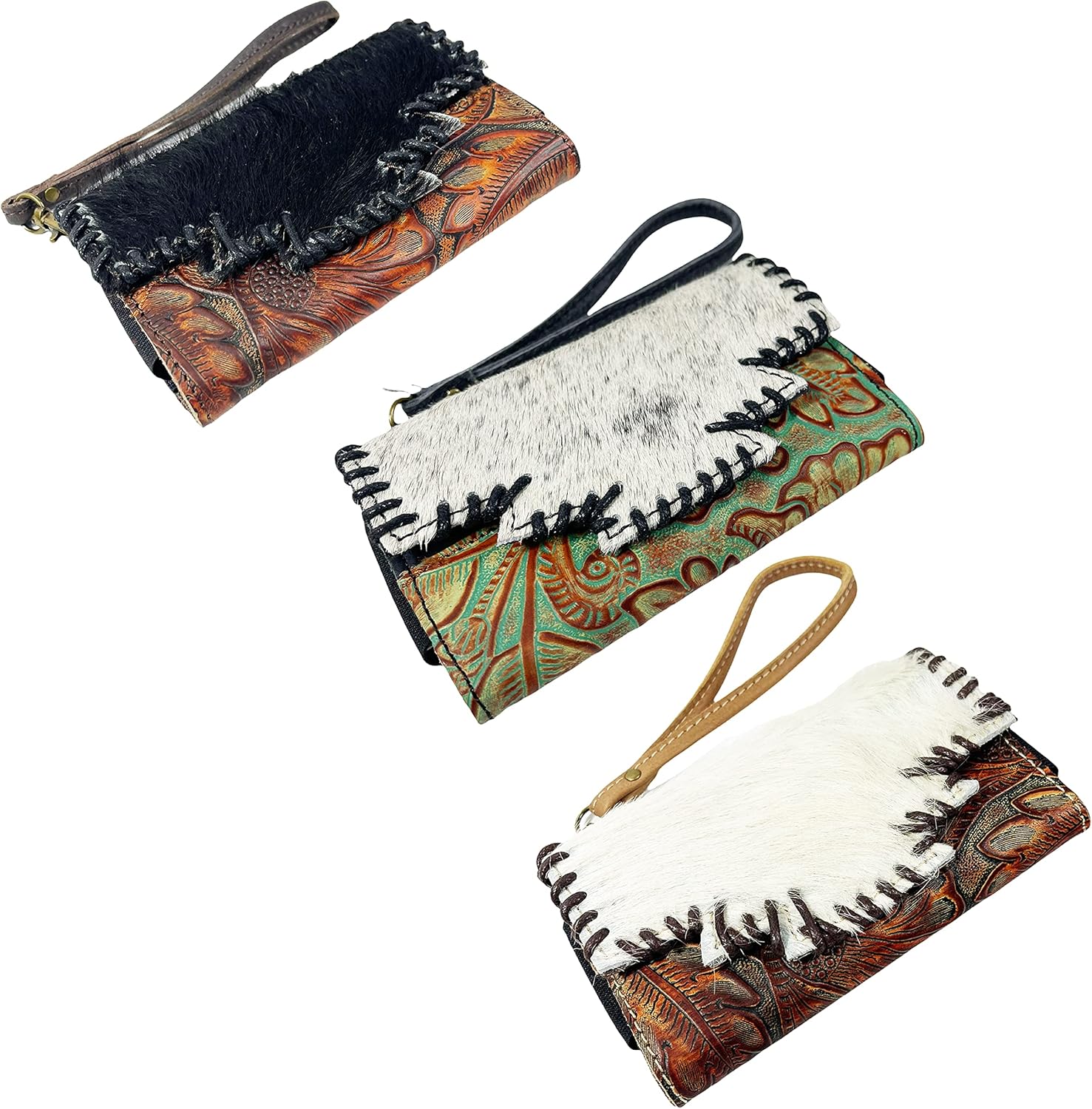 Urbalabs Cowhair Genuine Leather Women Cell Phone Holder Western Wallets Clutch Leather Purse Cell Phone Holder Pouch Tooled Wallet For Women Cowgirl Small