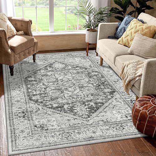 LIVEBOX Alfombra gris de 5 x 7 pies, lavable, grande, con medallón oriental, vintage, antideslizante, para interiores, dormitorio, alfombra retro de
