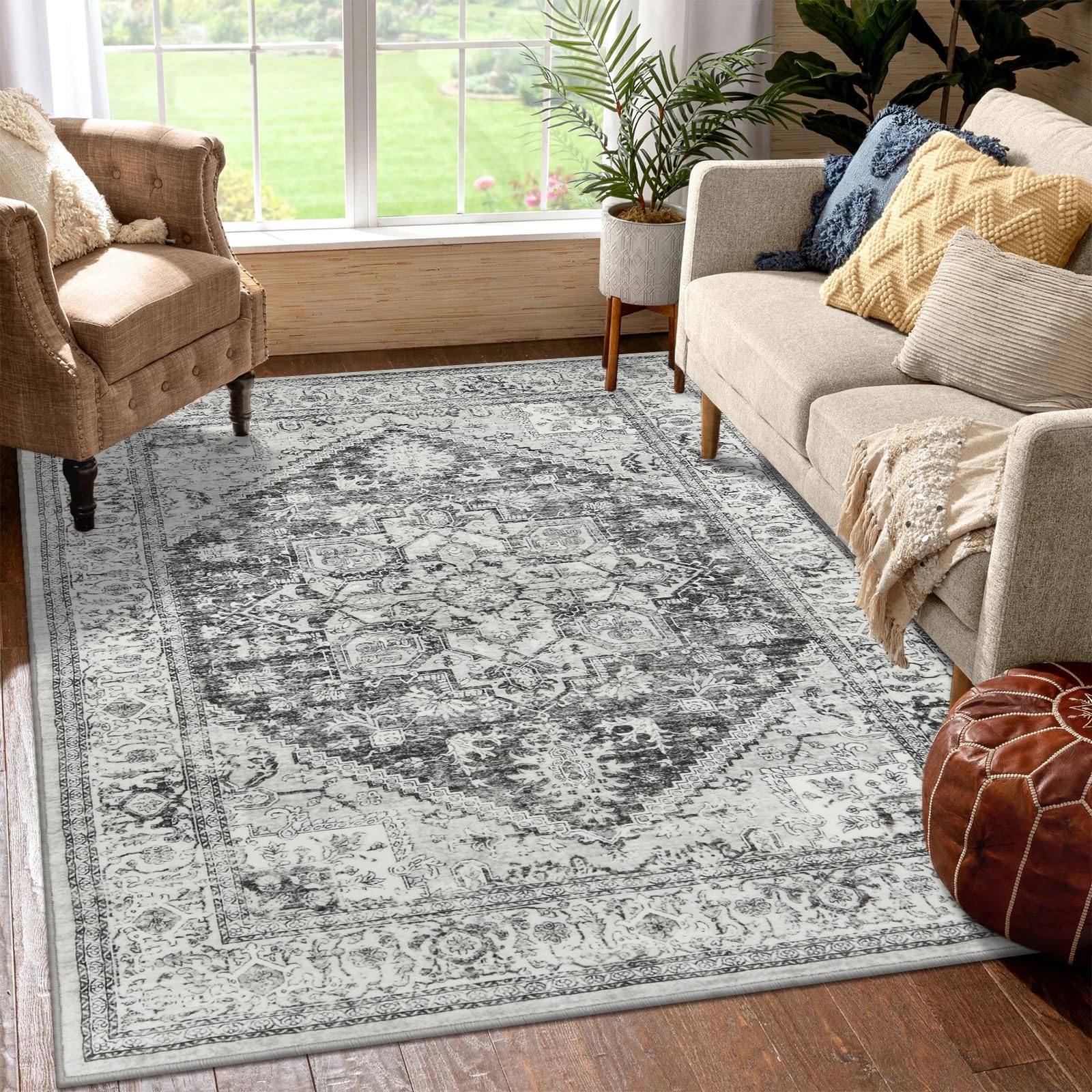 LIVEBOX Grey Area Rug 5x7 - Washable Large Oriental Medallion Living Room Rug Vintage Non-Slip Indoor Rug for Bedroom,Low-Pile Retro Carpet Print Distressed Accent Rug for Family Room,Grey