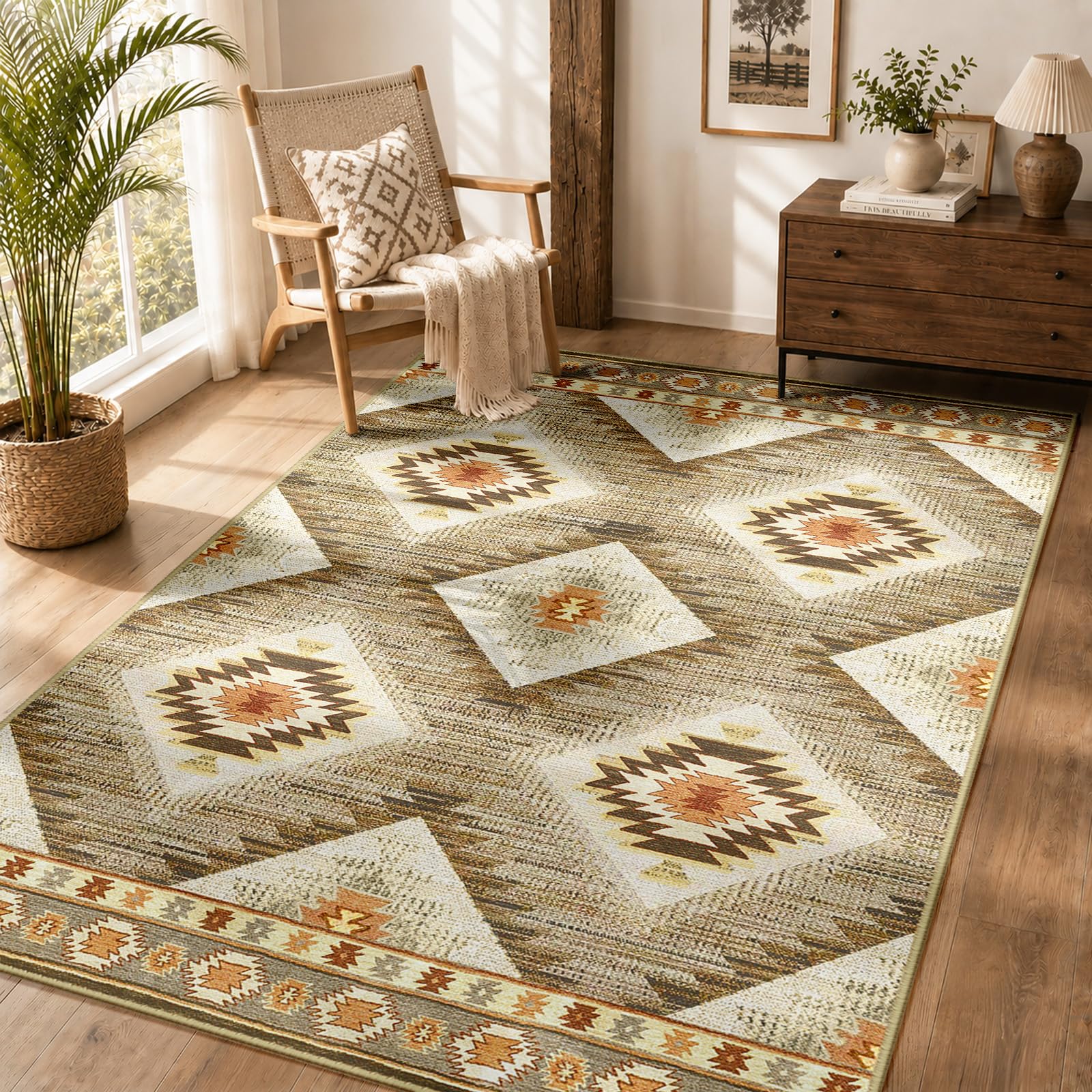 DEFYNEE Teppich Wohnzimmer, Waschbarer Teppich Läufer, Kurzflor, rutschfest, Pflegeleicht, Vintage & Boho Rug für Hund, Flur, Küche, Korridor