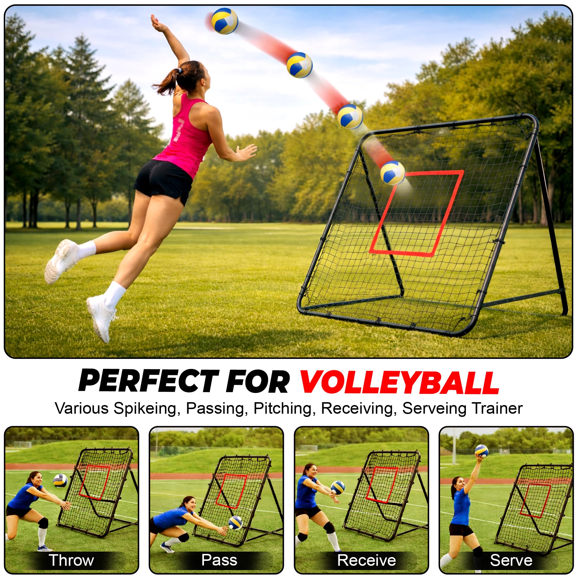 Volleyball Rebounder Net with Steel Frame 6 Adjustable Angles for Hitting Serving Passing Spike Practice