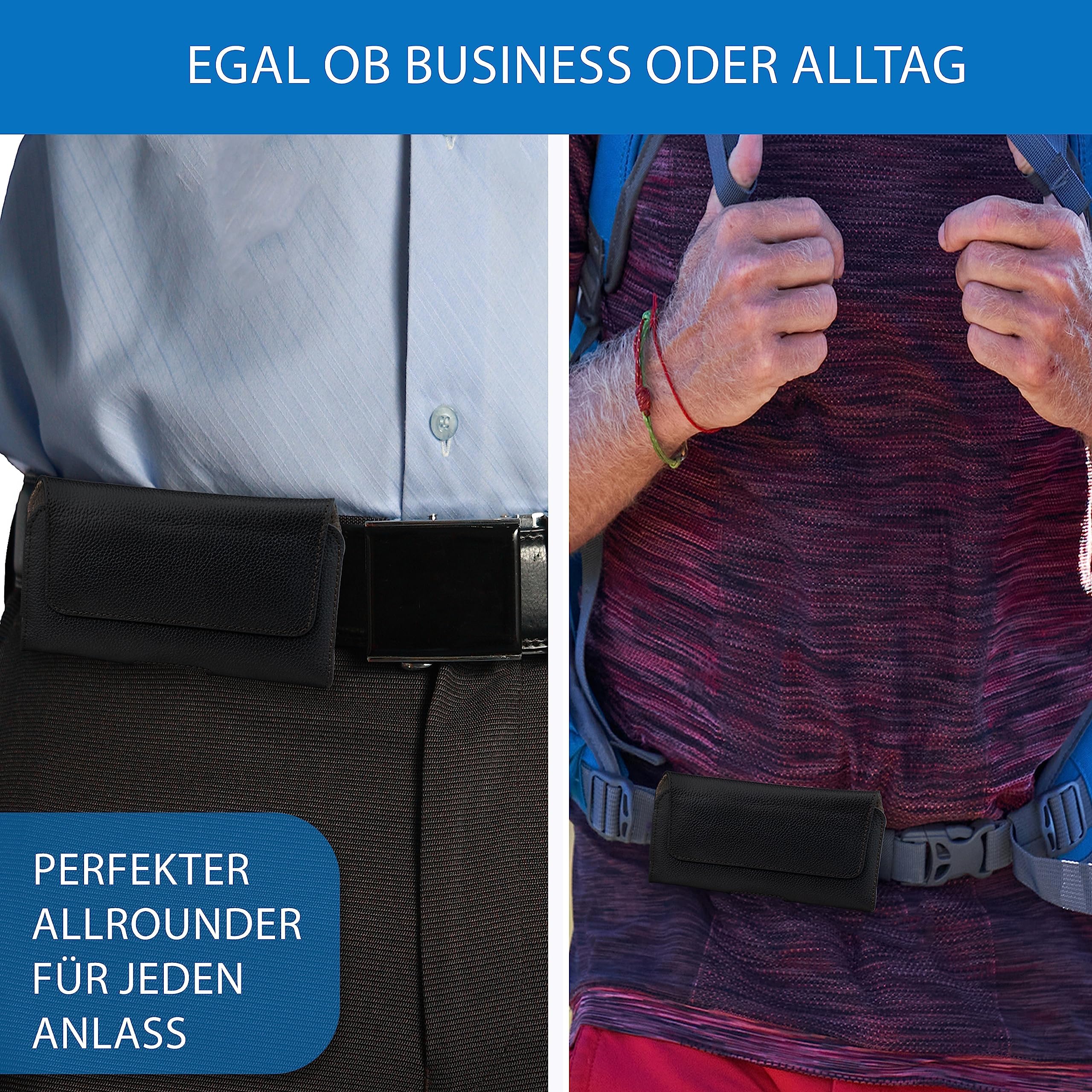 Handy Gürteltasche - universal quer Handytasche Größe 5XL - speziell für Herren Designed - Gürtel Handy Tasche mit Fester Gürtelschlaufe - Leder Smartphonetasche in schwarz