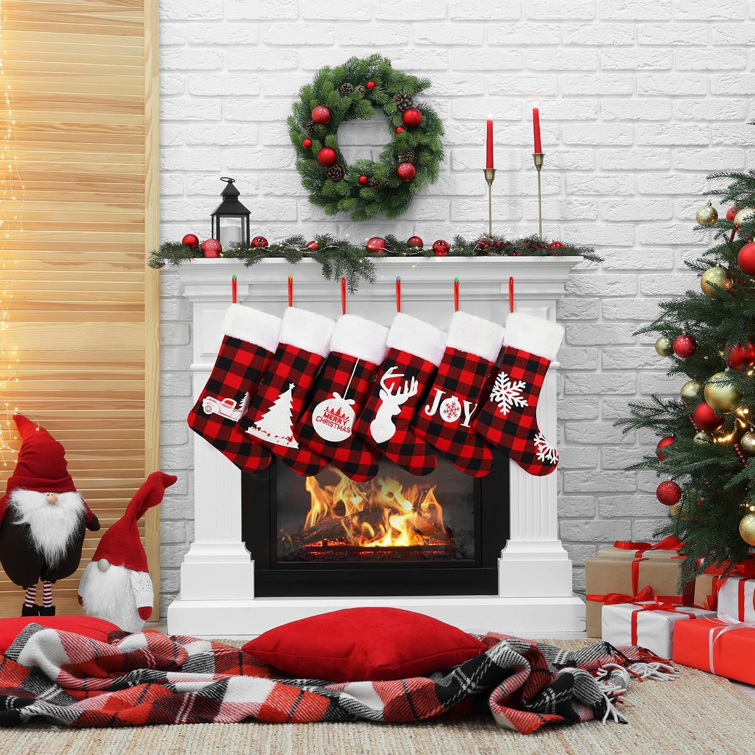 Aodaer 6 Pack Red and Black Christmas Stockings with Embroidered Pattern Plush Cuff 18 Inch Large Buffalo Plaid Hanging Stockings with Reindeer Snowflake Pattern for Family Holiday Xmas Decorations