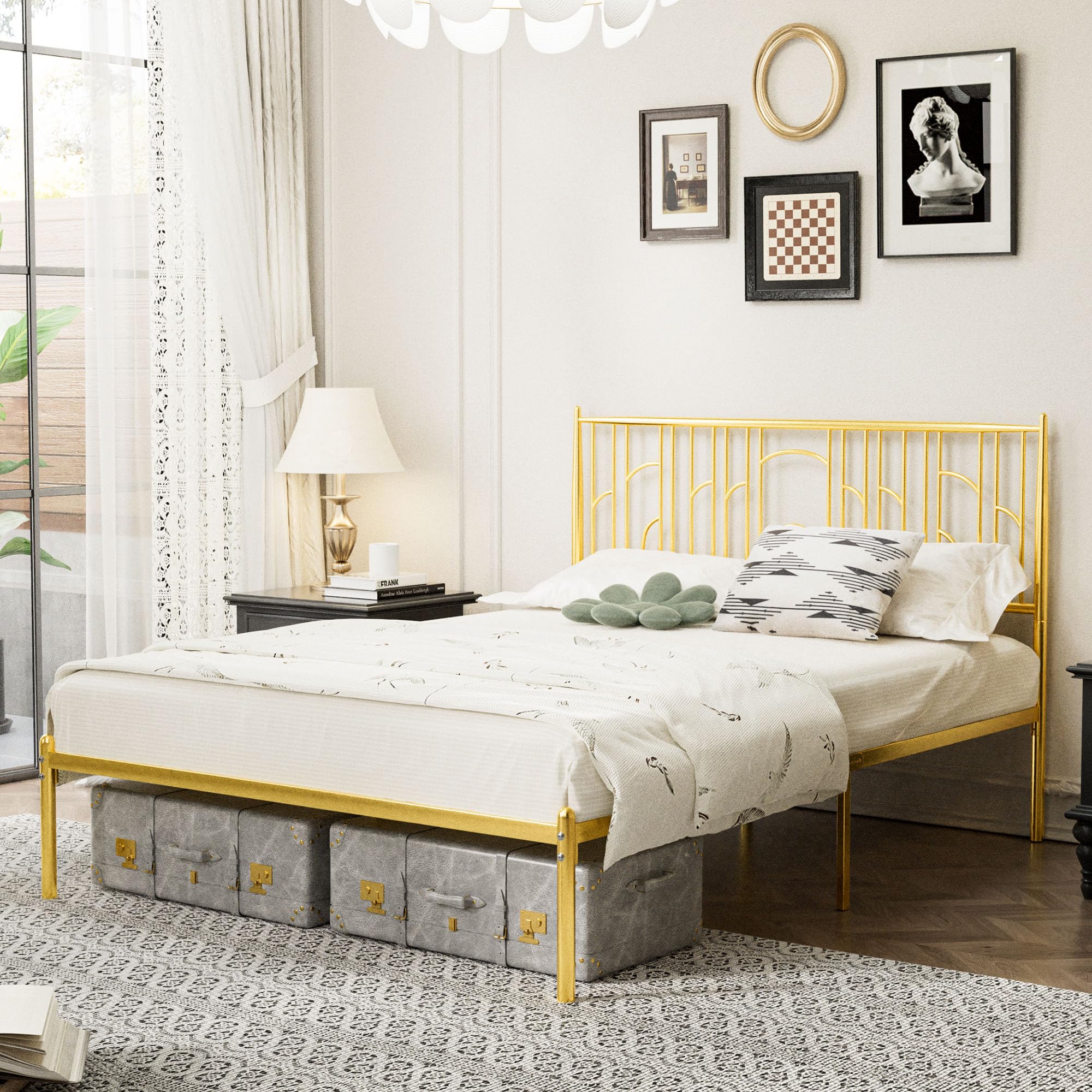 Diagram showing the dimensions of the Thctvous Gold Queen Metal Bed Frame: 82.99 inches length, 62.91 inches width, 44.05 inches height, and 15.35 inches under-bed clearance. Max capacity 800 lbs, recommended mattress thickness 8-12 inches.