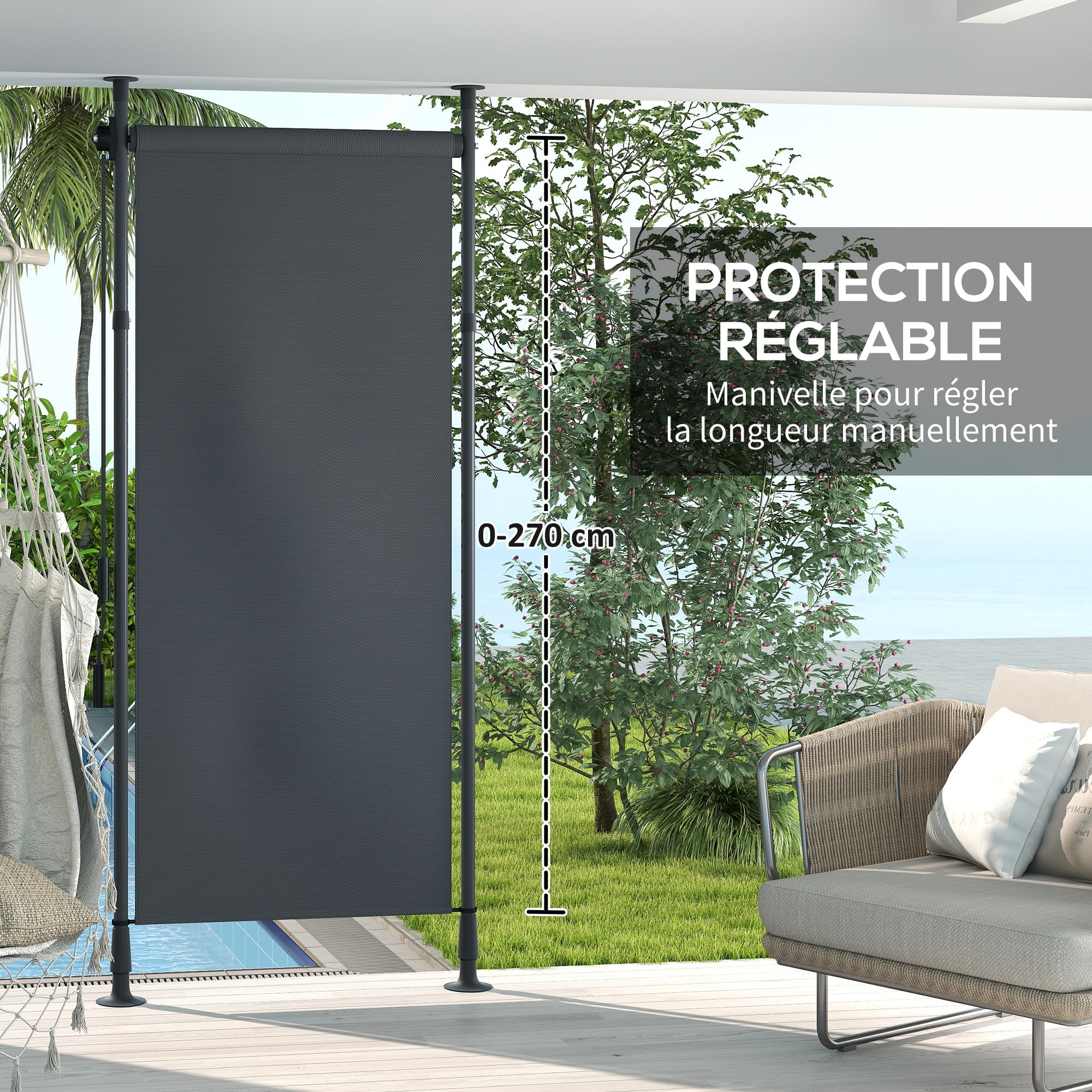 Outsunny Store extérieur sur Pied Store Manuel rétractable Store Enroulable Longueur réglable dim. 1,2 x 2,2-3,1 m avec manivelle Installation sans perçage métal alu. Polyester Gris foncé