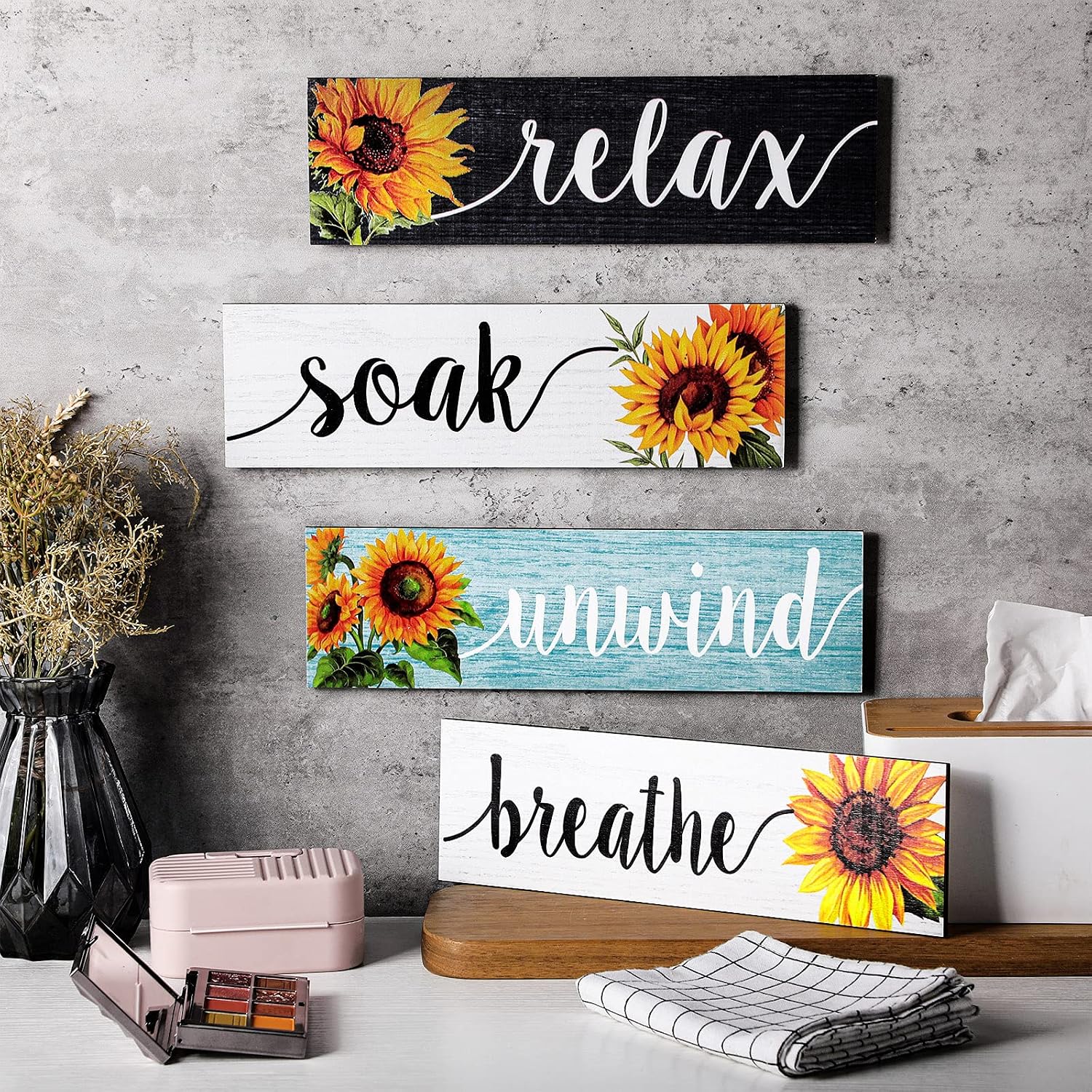 Jetec 4 Pieces Sunflower Bathroom Decor Kitchen Decoration Farmhouse Wall Signs Rustic Sunflower Bathroom Wall Art Wooden Signs(Gray White Blue)