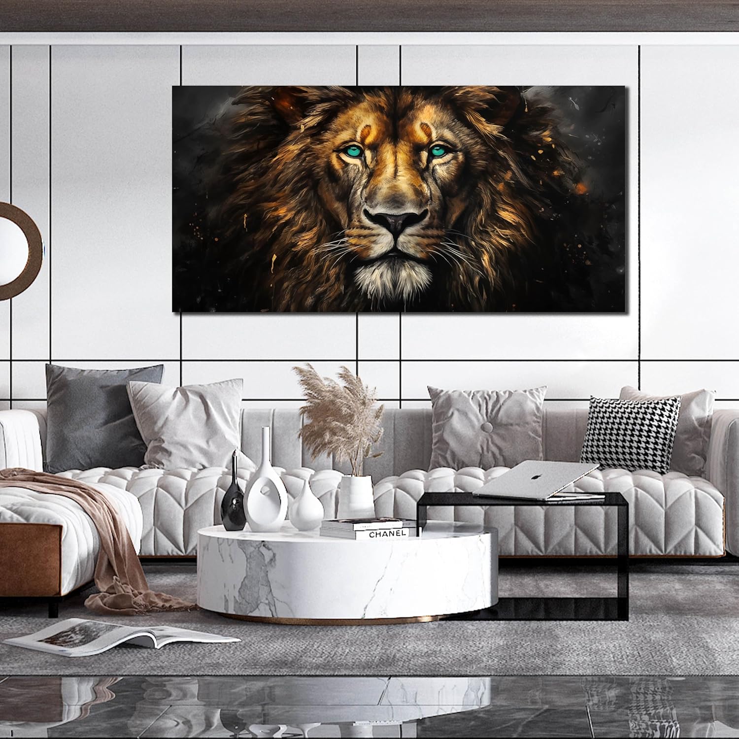 SKYRISE Canvas Wall Art Decor - Golden-Brown Lion with Blue Eyes Wildlife Wild Animal Picture Print Artwork - Ideal Teen Bedroom Home & Office Wall-Decoration, Large Size 59x29 Inches