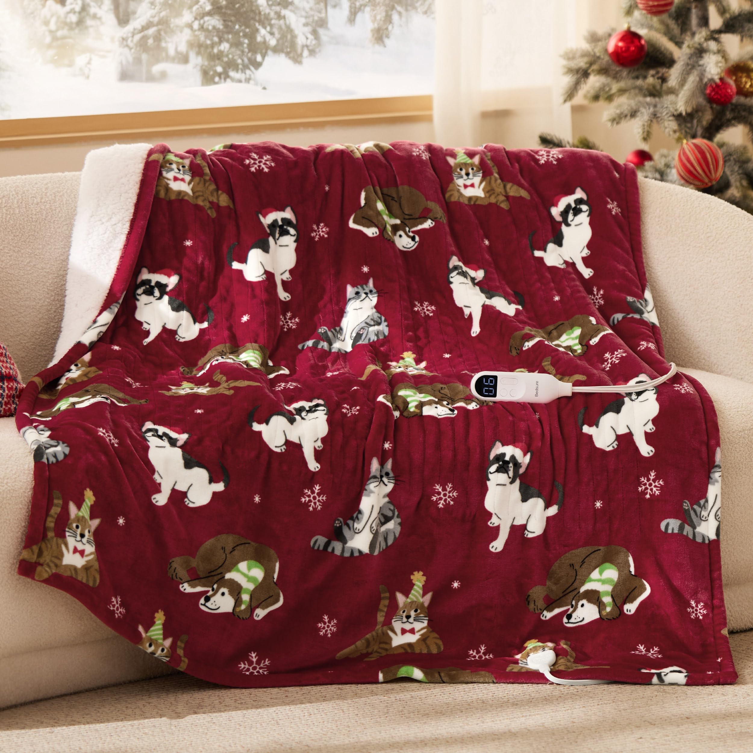 Bedsure Heated Blanket Throw - Soft Flannel Sherpa Electric Blanket with Pet Pattern, for Grandma, Heated Throw with 6 Heating Levels, 4 Time Settings, 3-Hour Auto-Off (50x60 inches)