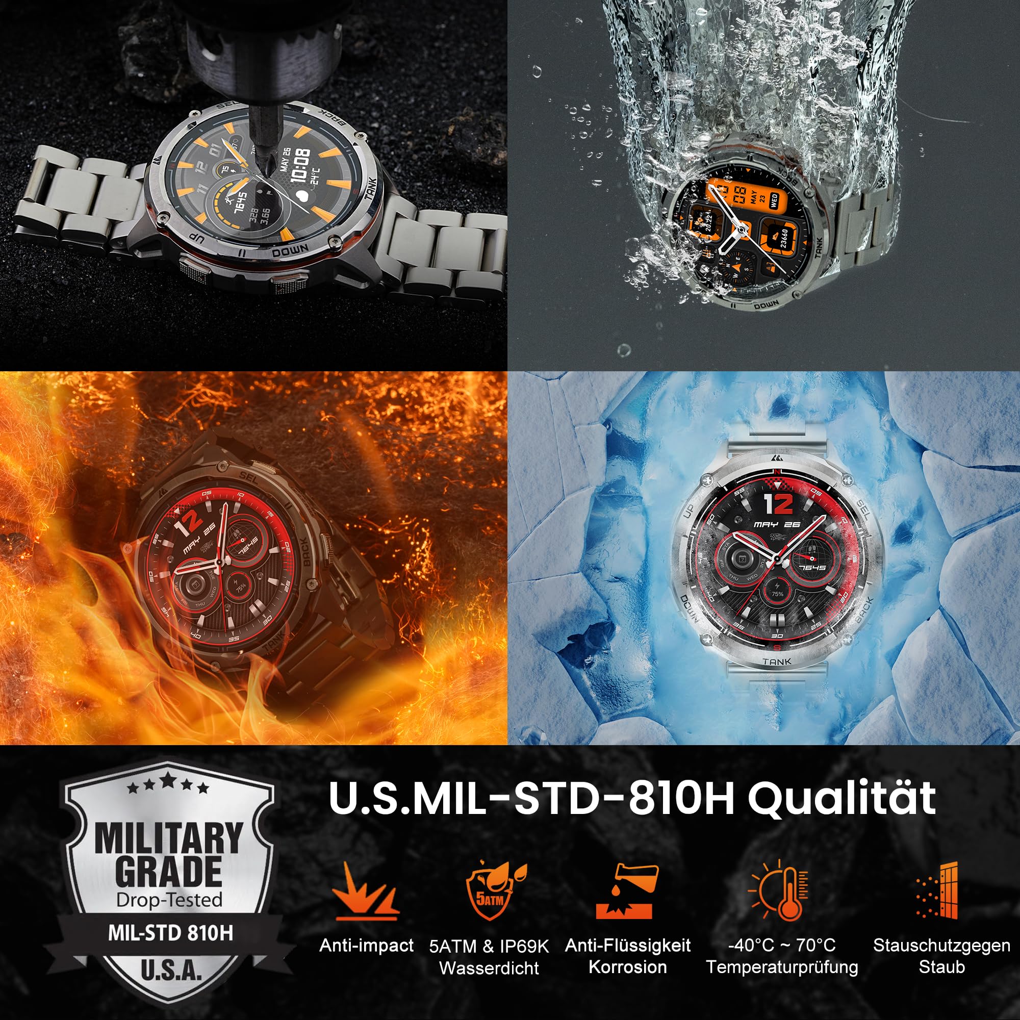 KOSPET TANK T3 ULTRA 2 Smartwatch Uomo Rugged Con GPS, Schermo AMOLED 1,43" | Autonomia 15 Giorni, Impermeabile 5ATM e IP69K, 170+ Modalità Sportive, Compatibile Android & iPhone Doppie cinghie