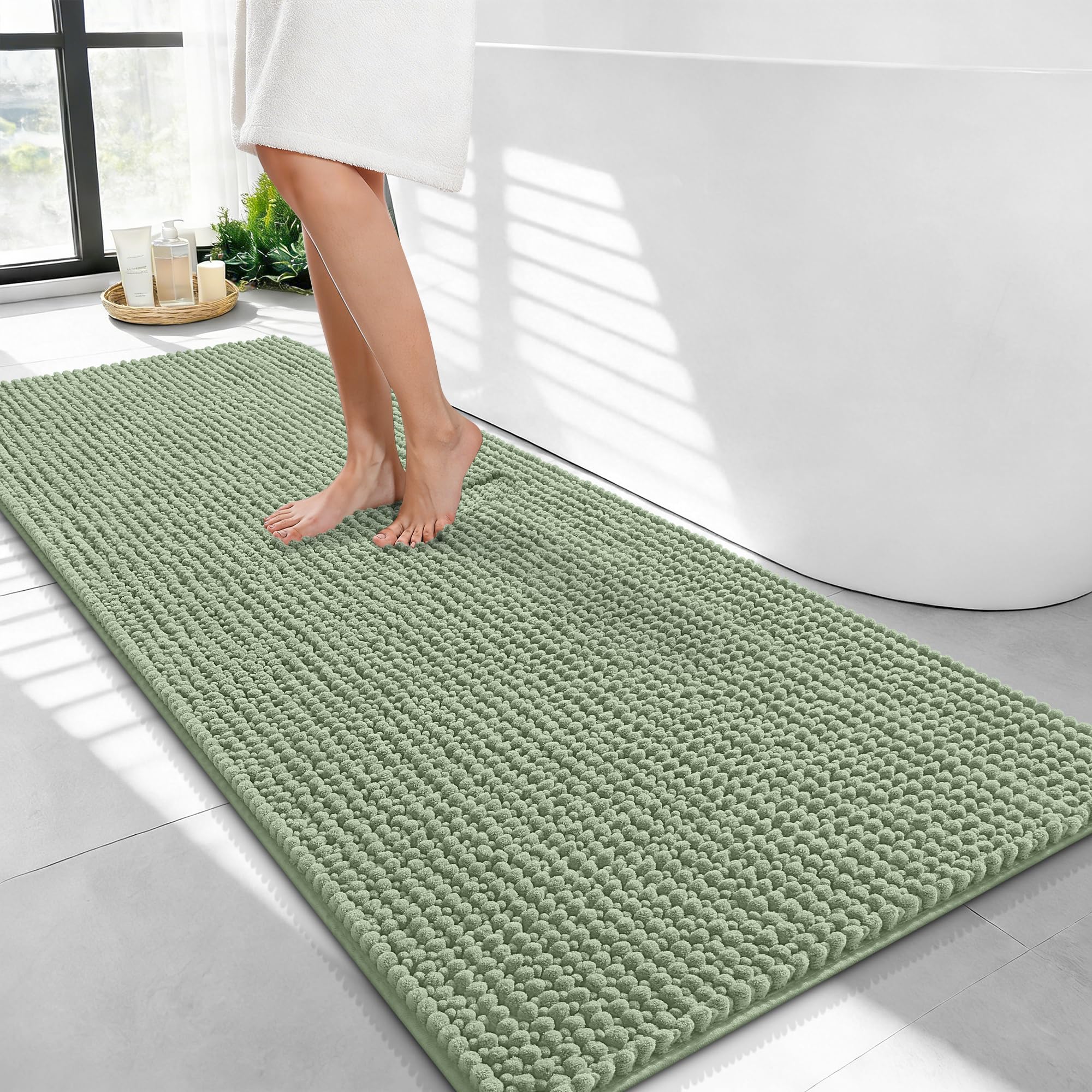 OLANLY Thick Chenille Bathroom Runner Rugs Mats 44x24, Sage Green