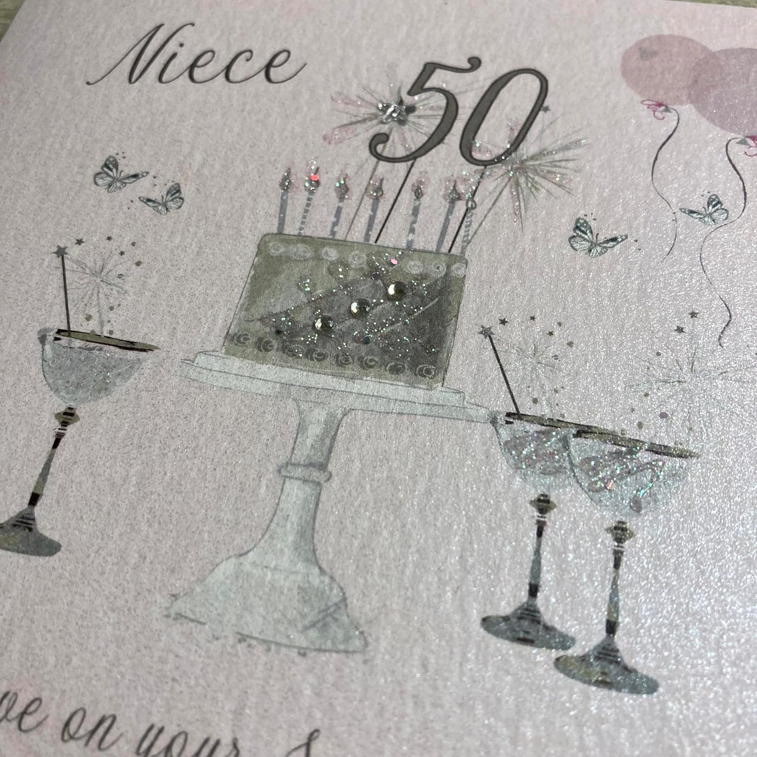 WHITE COTTON CARDS Happy 50th Birthday Card Niece Champagne Glasses Pink Roses SS42-NIE50