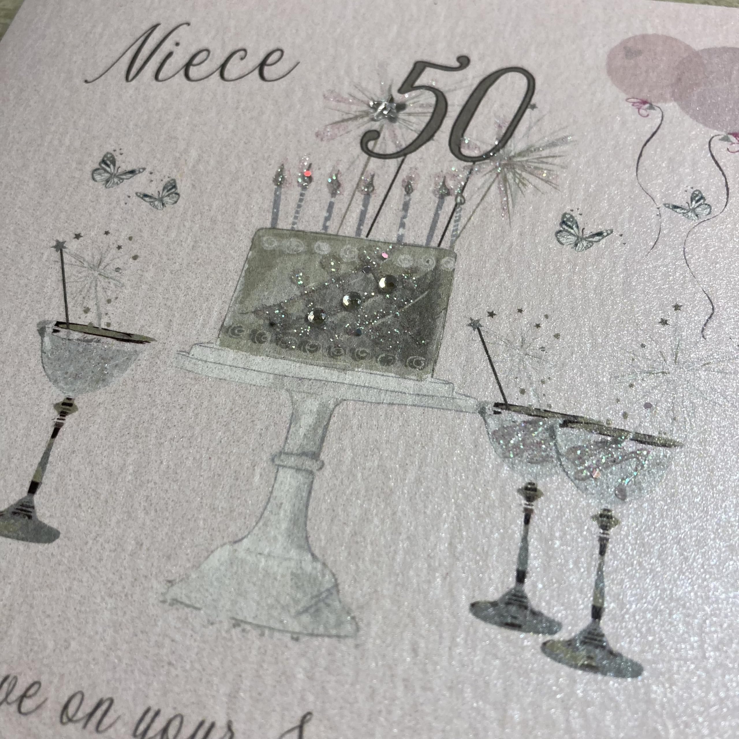 White Cotton Cards Biglietto 50° Compleanno Per Nipote | Con Bicchieri Di Champagne E Rose | Fatto A Mano 16x16 Cm Con Busta
