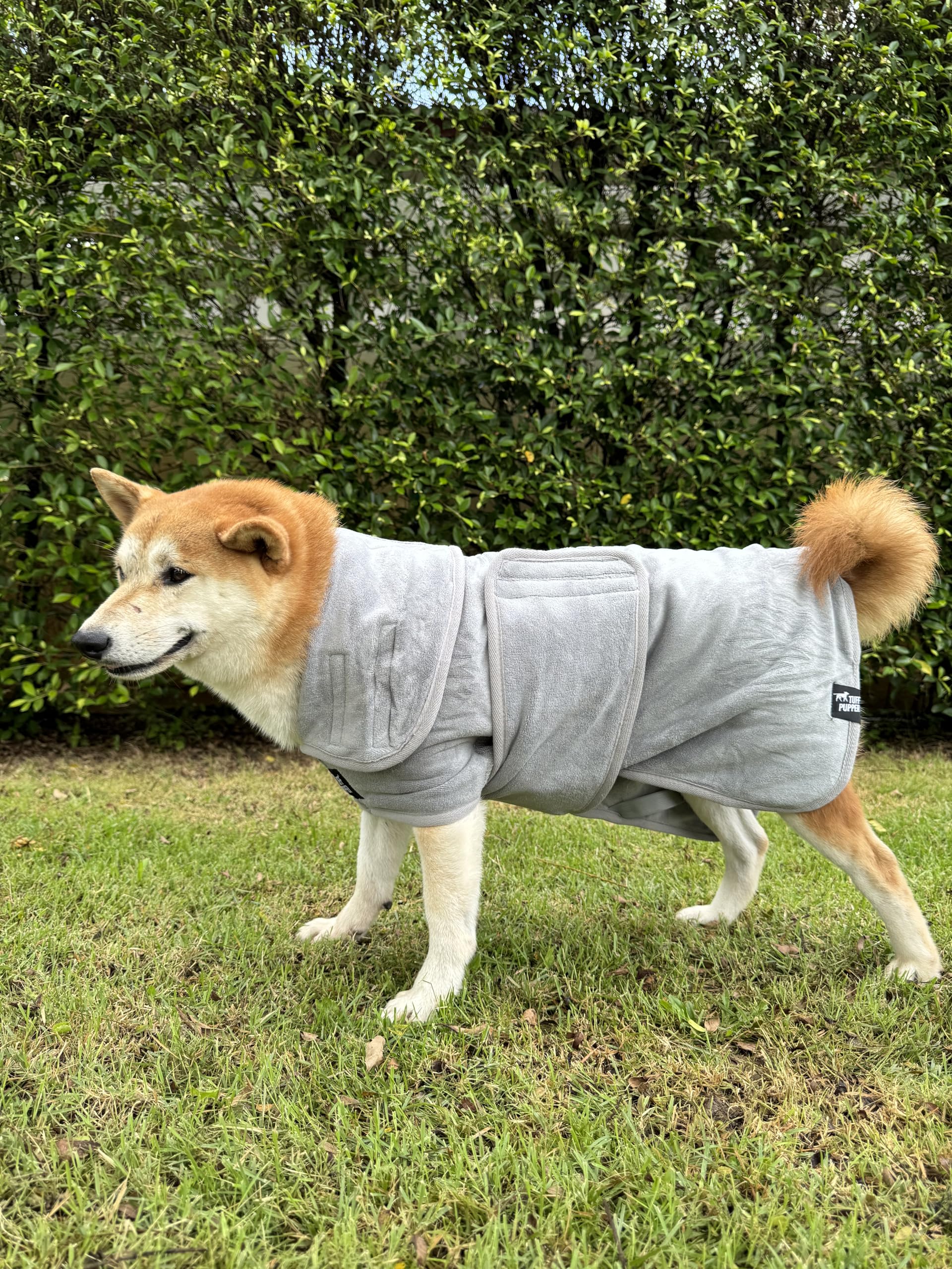 Tuff Pupper Schnell trocknender Hundebademantel | 800 g/m² Plüsch-Hundehandtuch Bademantel/Morgenmantel | super saugfähiger Haustier/Welpen-Bademantel | verstellbare Kapuze und Bauchgurt | super weich