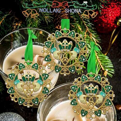 Miniatura 6 de Adorno de Navidad irlandés, juego de 3, diseños de Claddagh dorados con joyas y esmalte, caja de regalo con poema irlandés, bolsa de