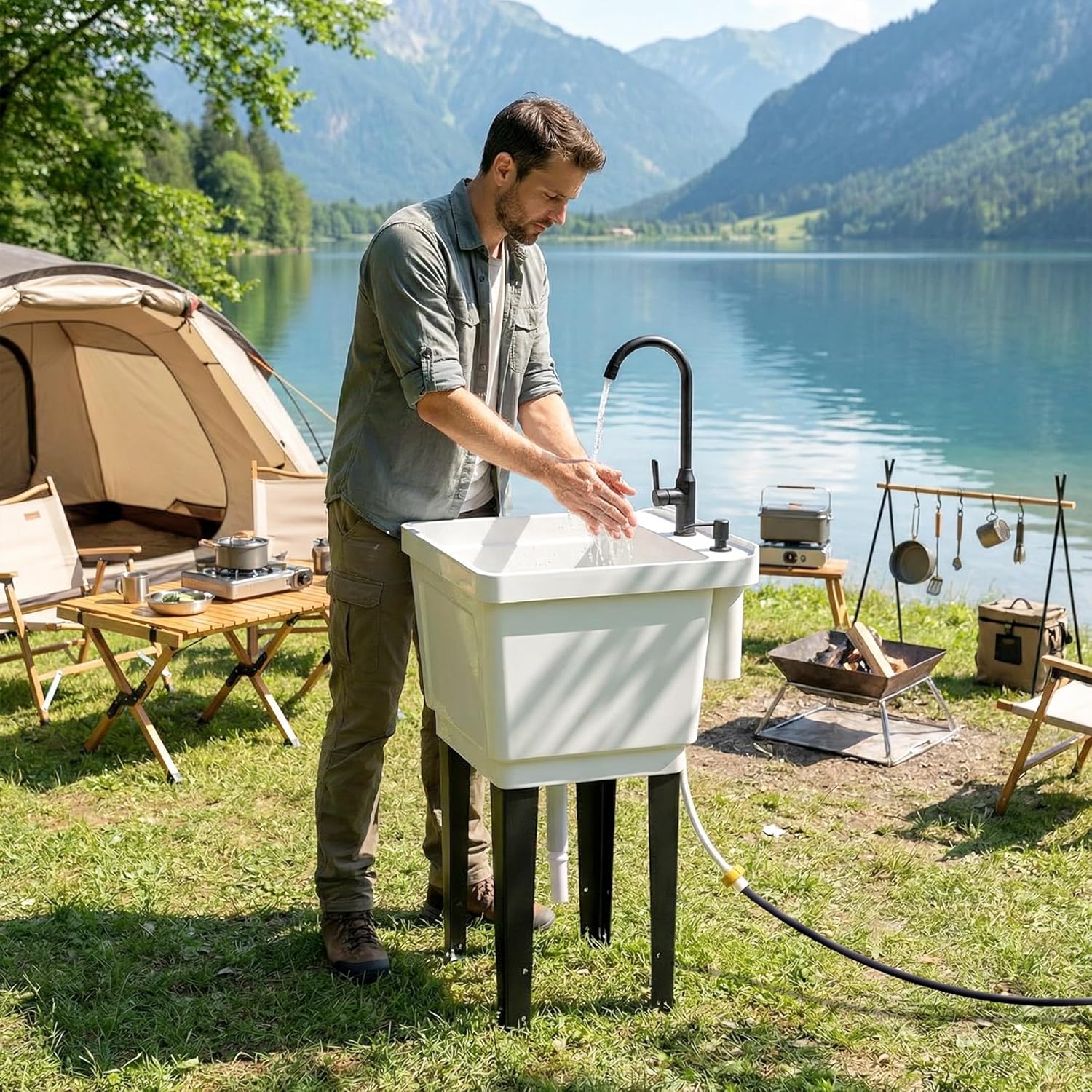 Outsunny 23-Gallon Utility Sink Laundry Tub for Washing Room, Freestanding Laundry Sink with Soap Dispenser, Faucet, Inlet and Drain Hoses, Portable Utility Tub for Indoor & Outdoor