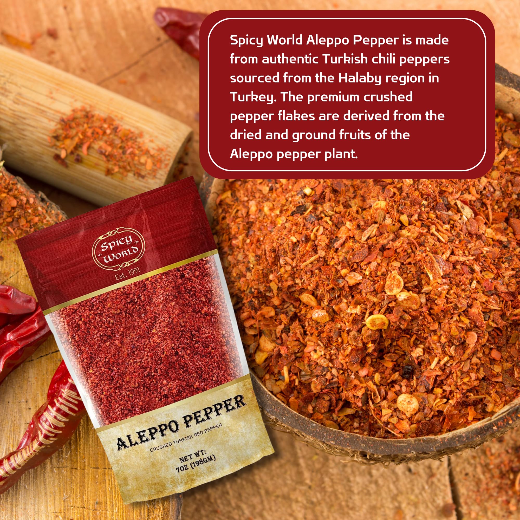 Aleppo Pepper 7 oz – Halaby Turkish Chili Pepper – Premium Crushed Pepper Flakes by Spicy World