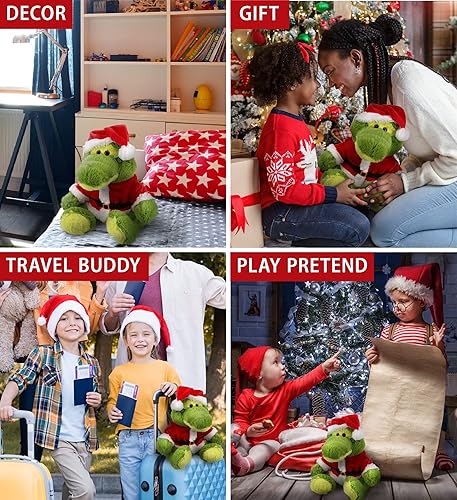 Miniatura 4 de DolliBu Peluche de cocodrilo verde sentado de Papá Noel, disfraz súper suave con traje de Papá Noel rojo, bonito regalo de vida silvestre,